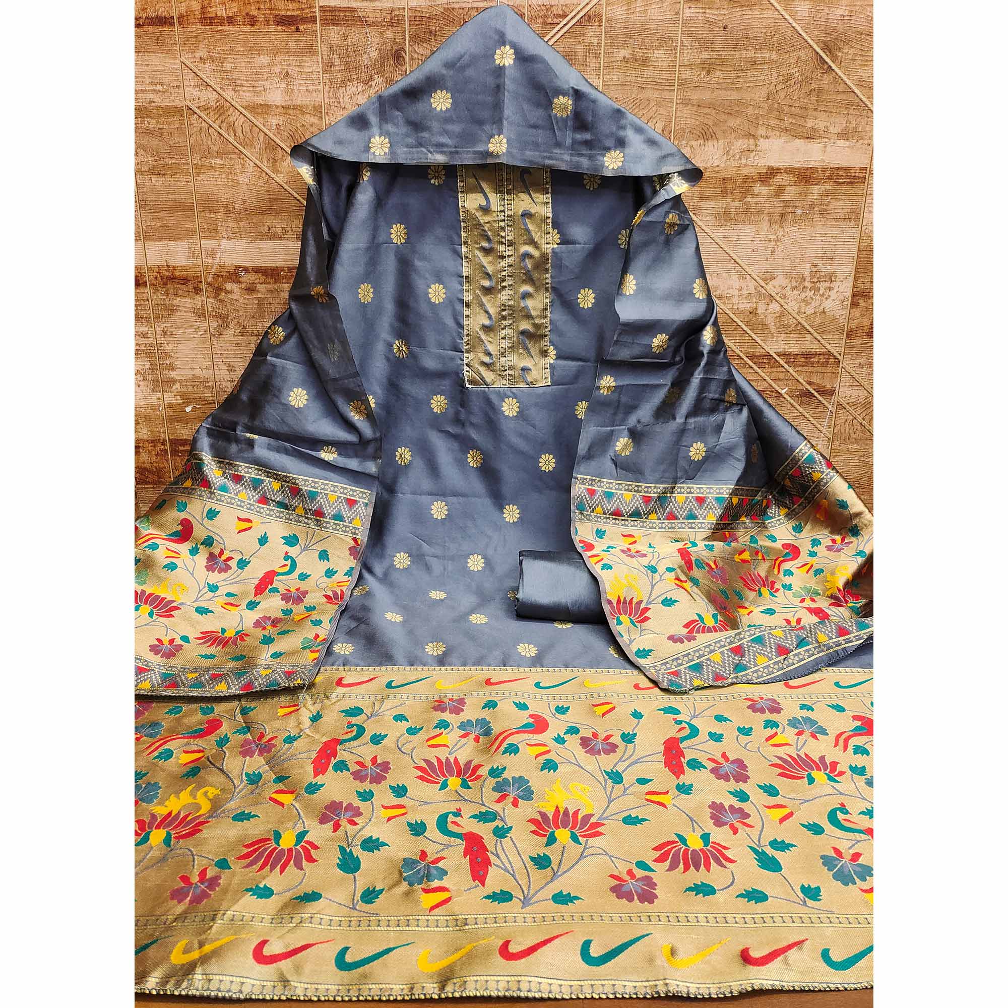 Grey Floral Woven Paithani Banarasi Silk Dress Material