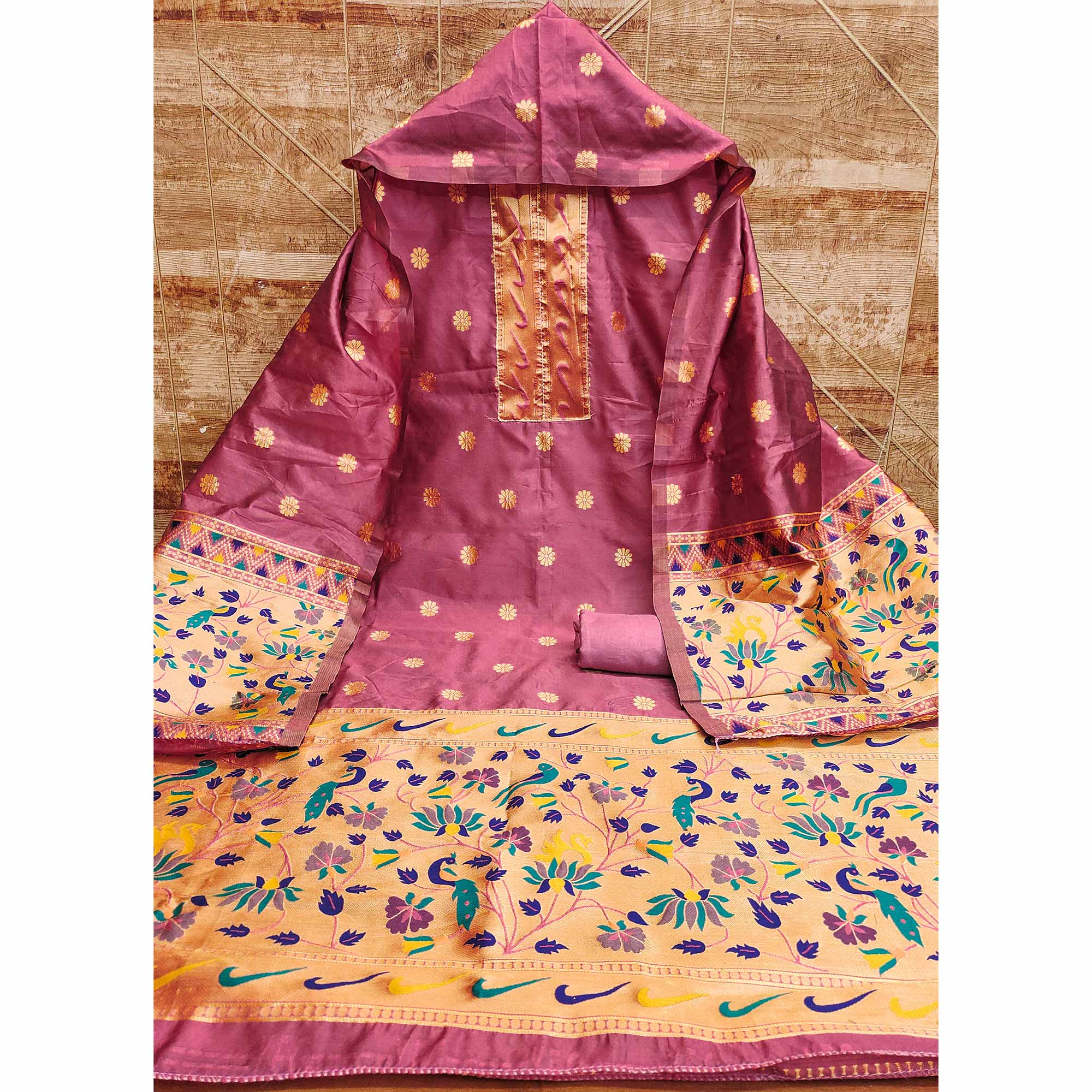 Onion Pink Floral Woven Paithani Banarasi Silk Dress Material