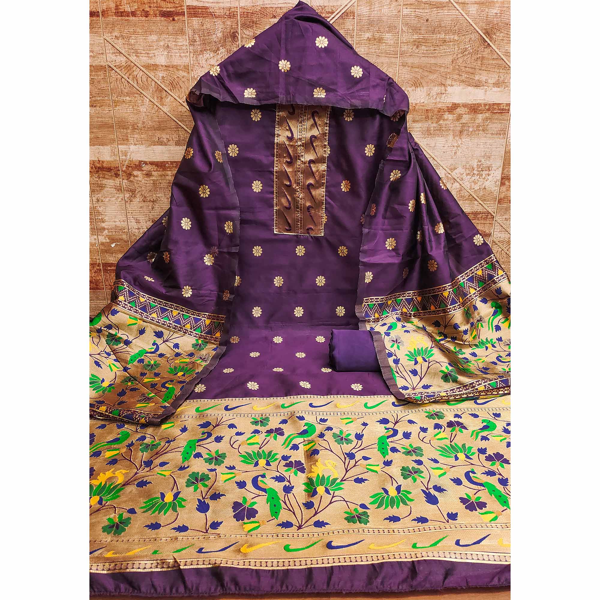 Purple Floral Woven Paithani Banarasi Silk Dress Material