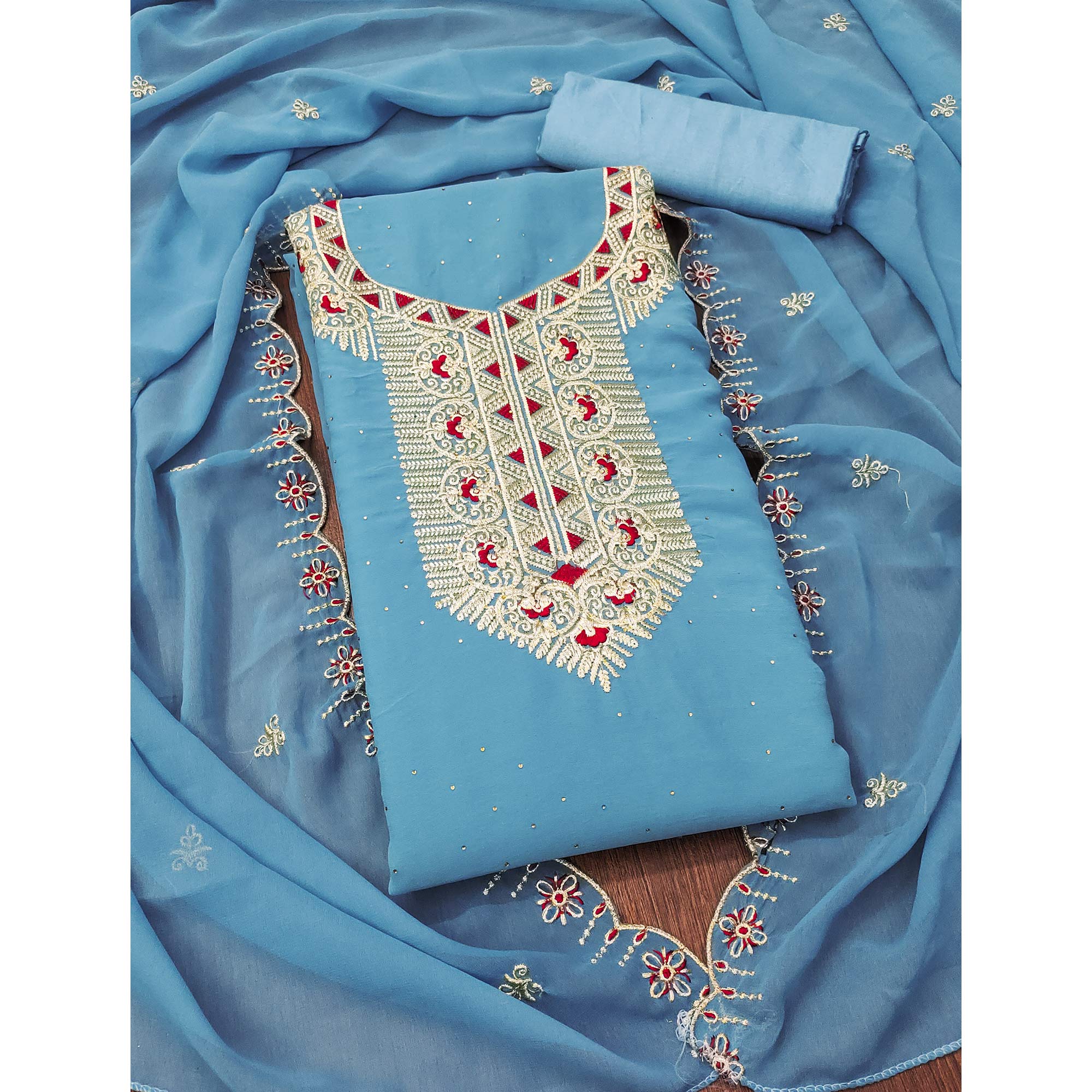 Blue Floral Embroidered With Stonework Georgette Dress Material