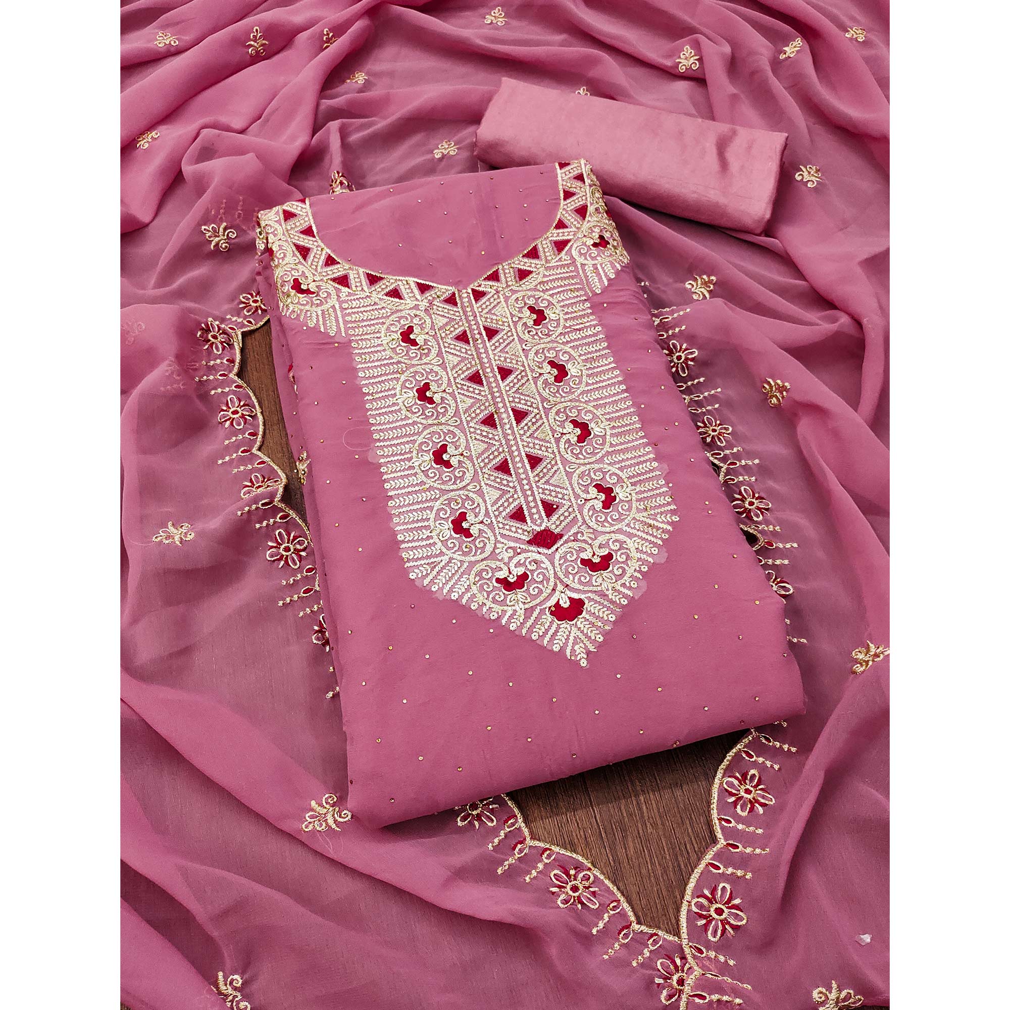 Pink Floral Embroidered With Stonework Georgette Dress Material