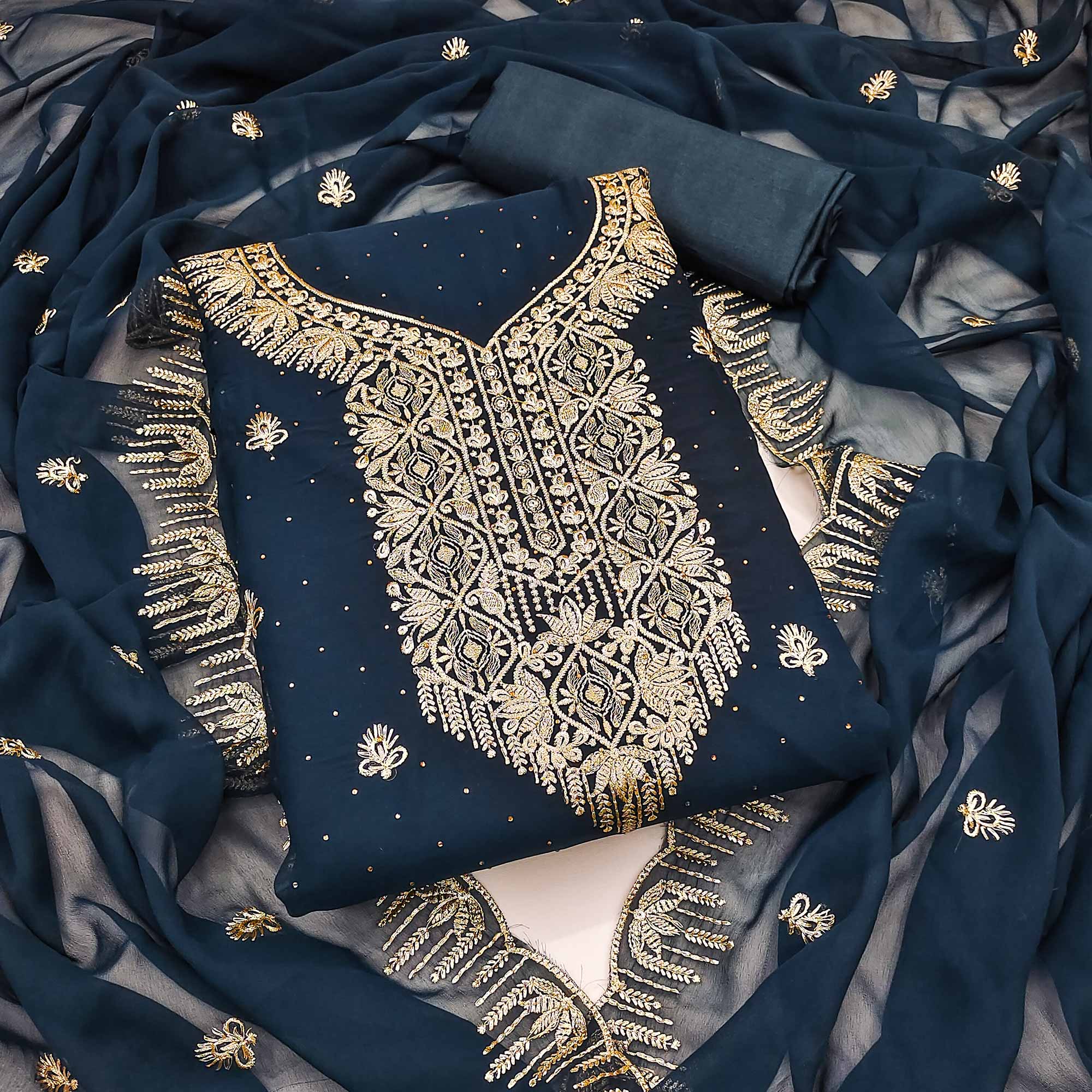 Blue Floral Embroidered With Stonework Georgette Dress Material