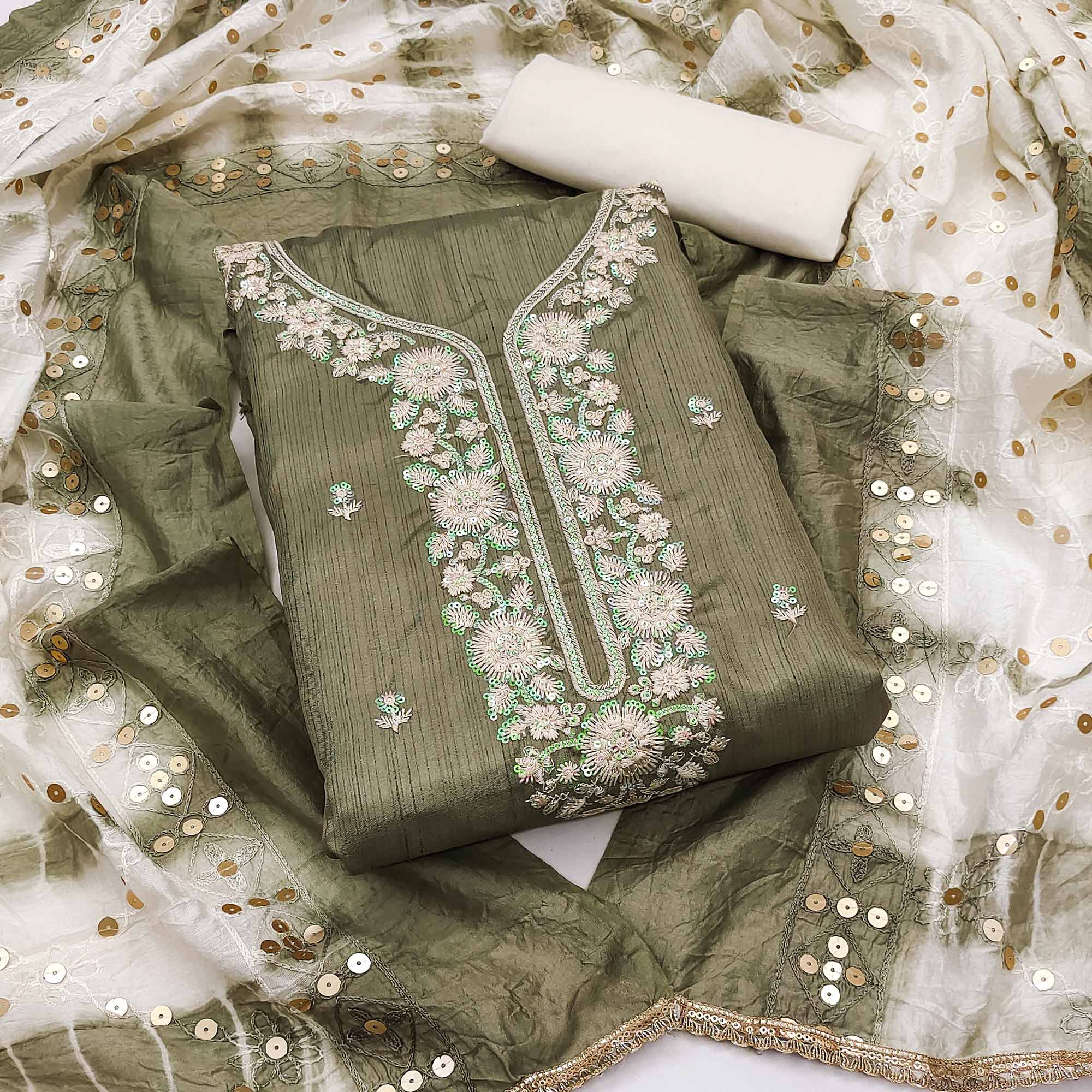 Green Floral Sequins Embroidered Art Silk Dress Material