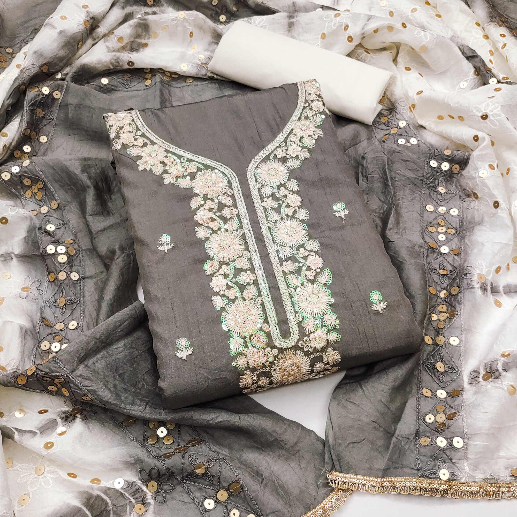 Grey Floral Sequins Embroidered Art Silk Dress Material