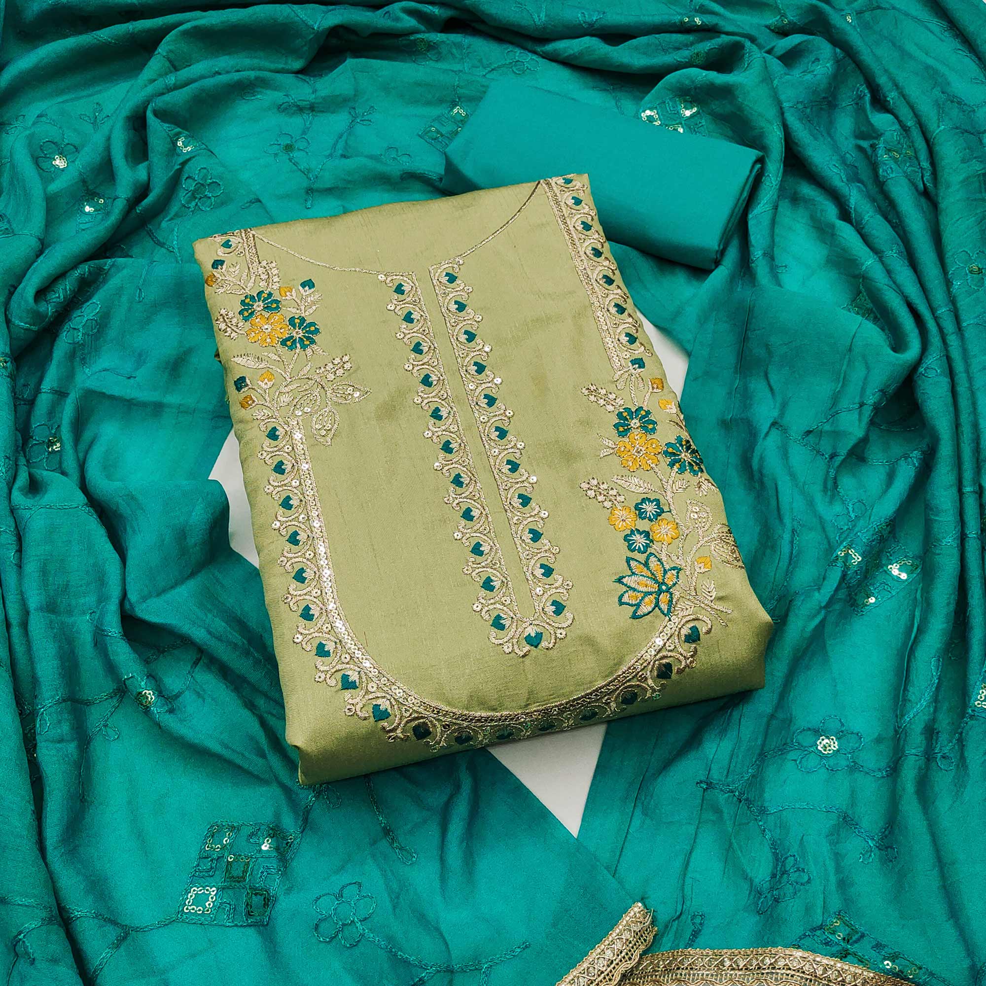 Green Floral Sequins Embroidered Art Silk Dress Material