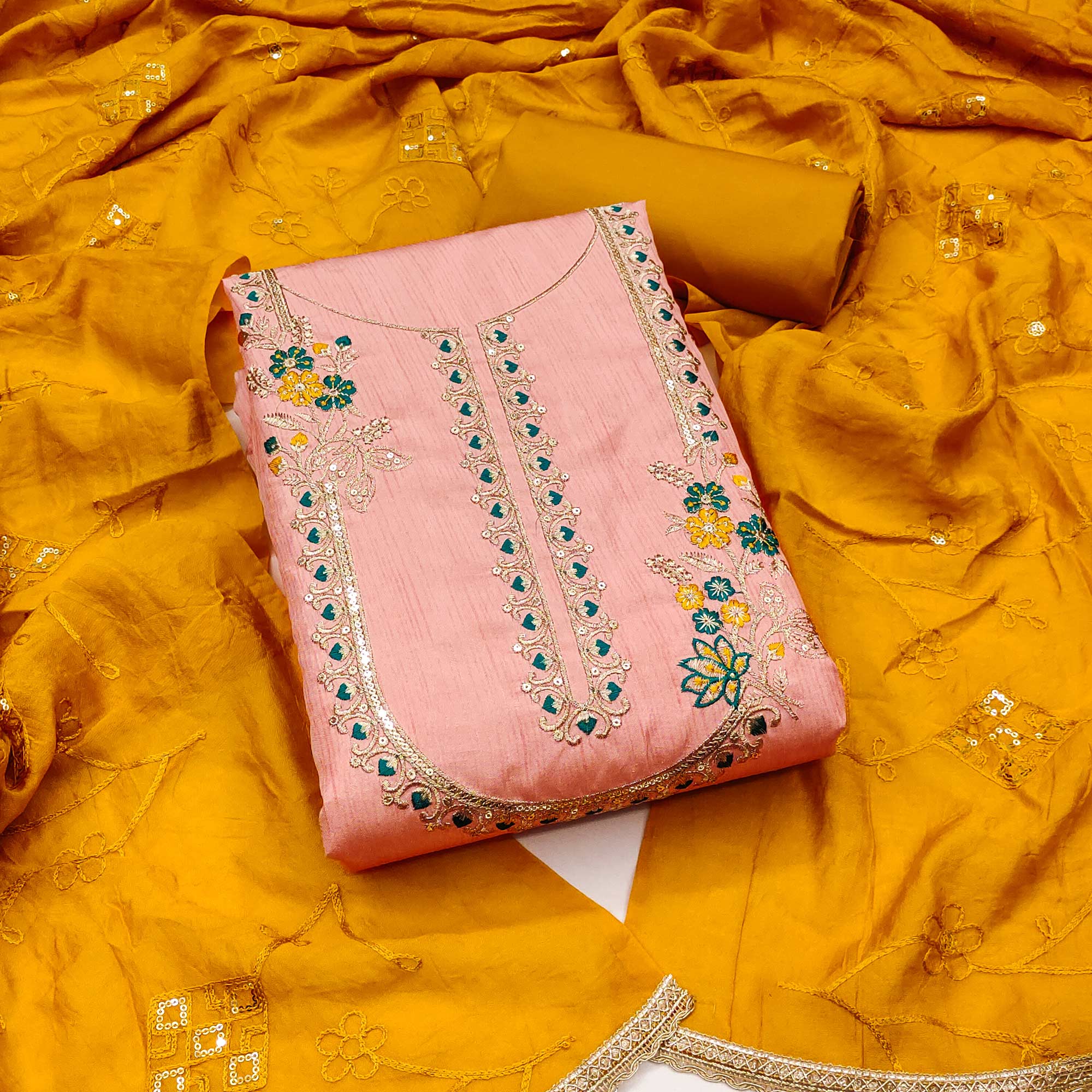 Peach Floral Sequins Embroidered Art Silk Dress Material