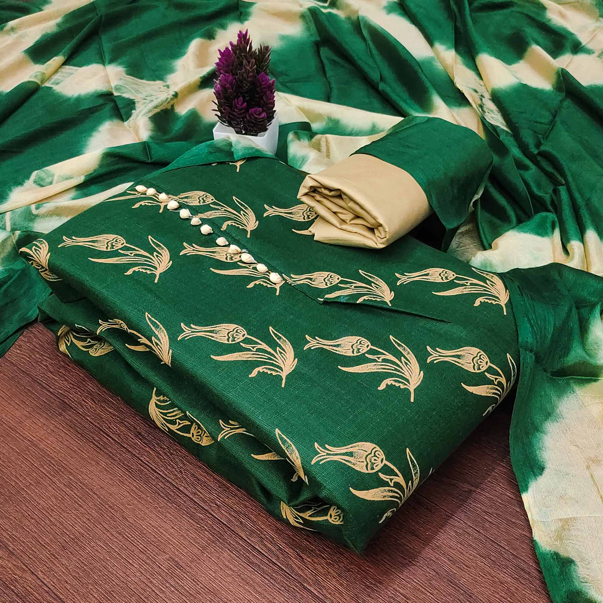 Green Floral Printed Slub Cotton Dress Material