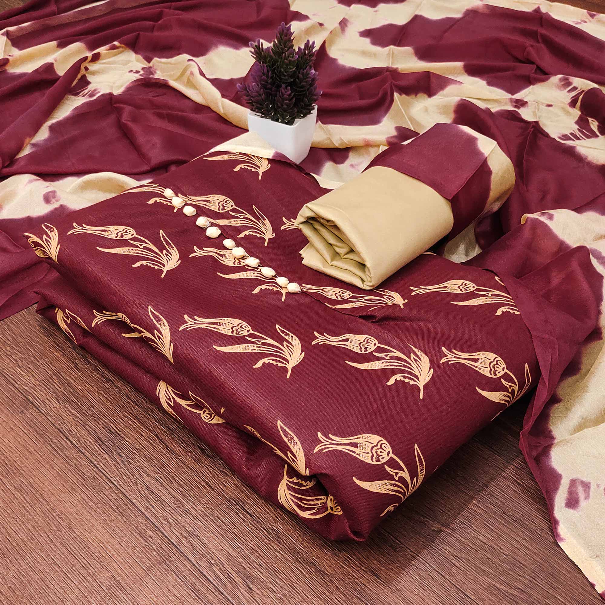Maroon Floral Printed Slub Cotton Dress Material