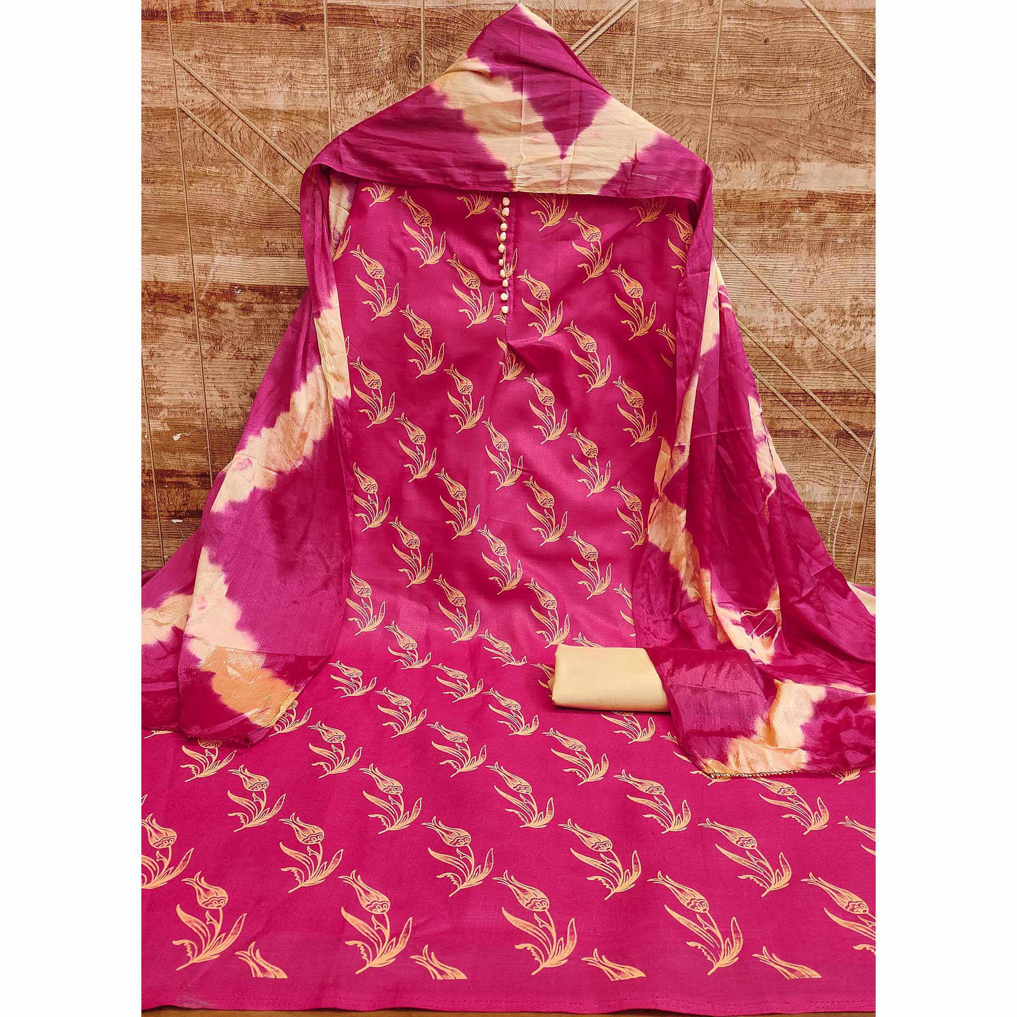 Rani Pink Floral Printed Slub Cotton Dress Material