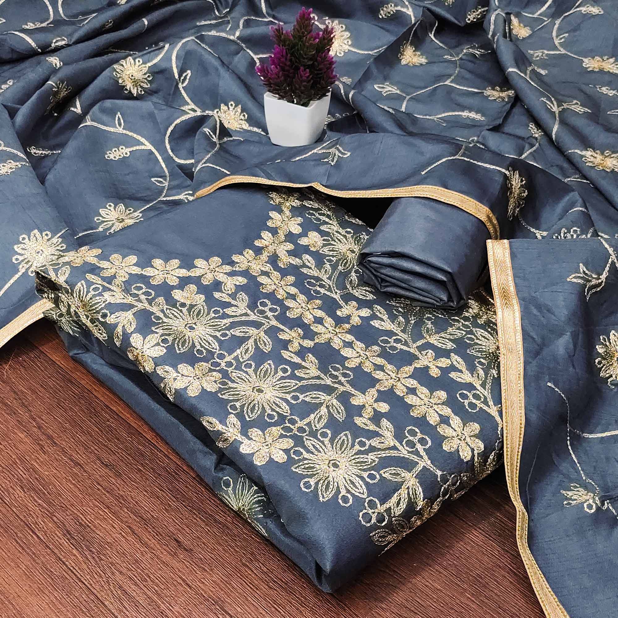 Grey Floral Embroidered Art Silk Dress Material