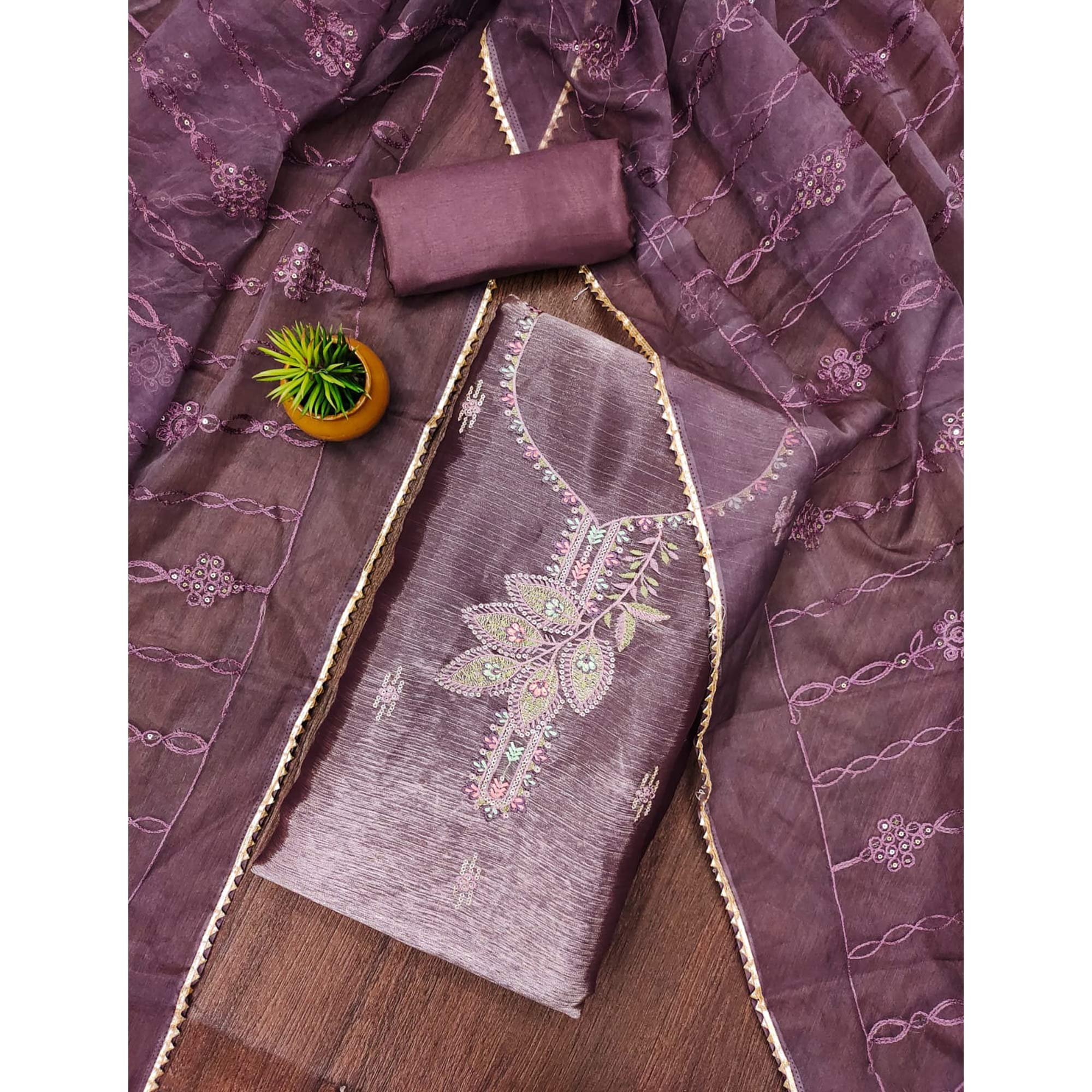 Purple Floral Sequins Embroidered Banarasi Silk Dress Material
