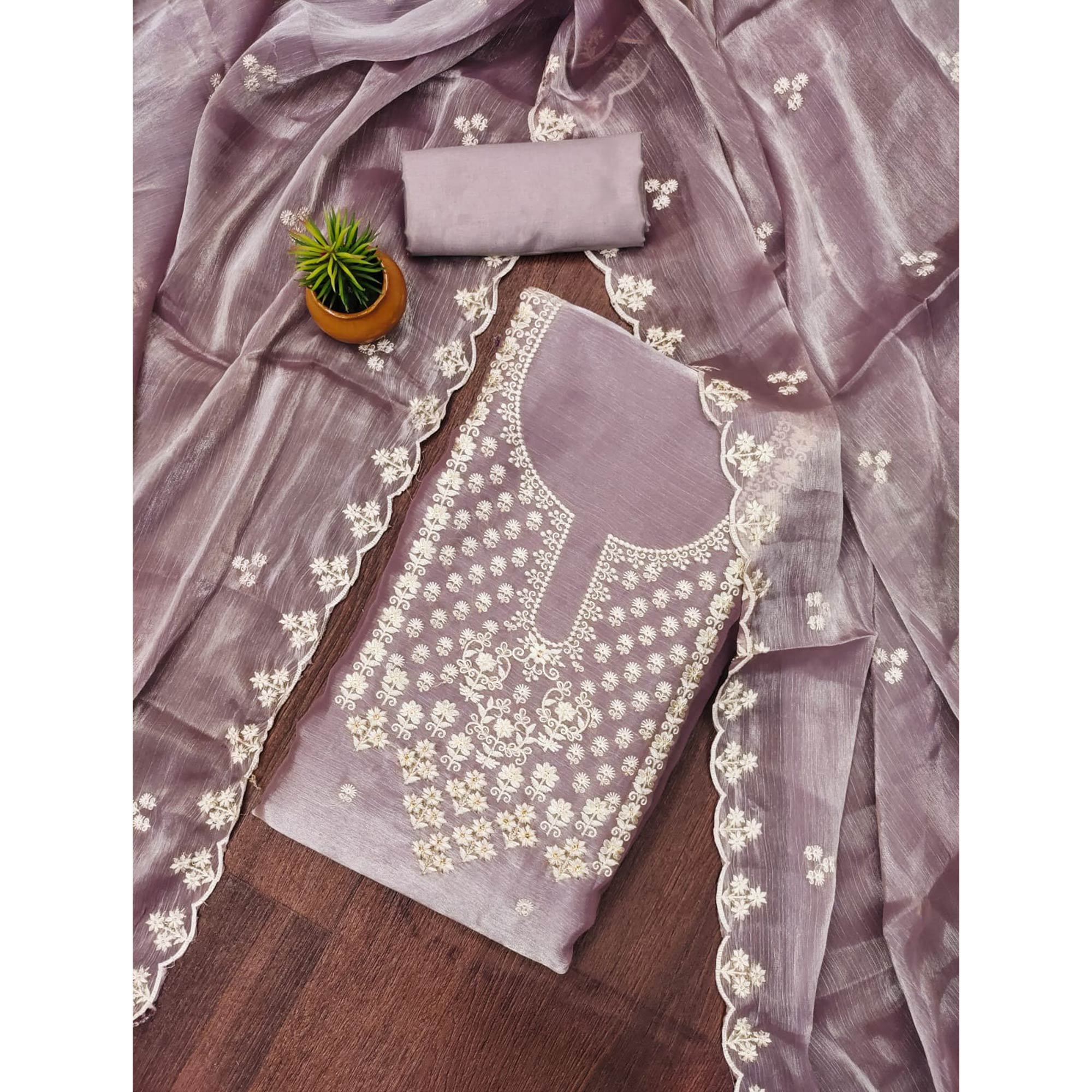 Purple Floral Embroidered Burberry Zoya Silk Dress Material