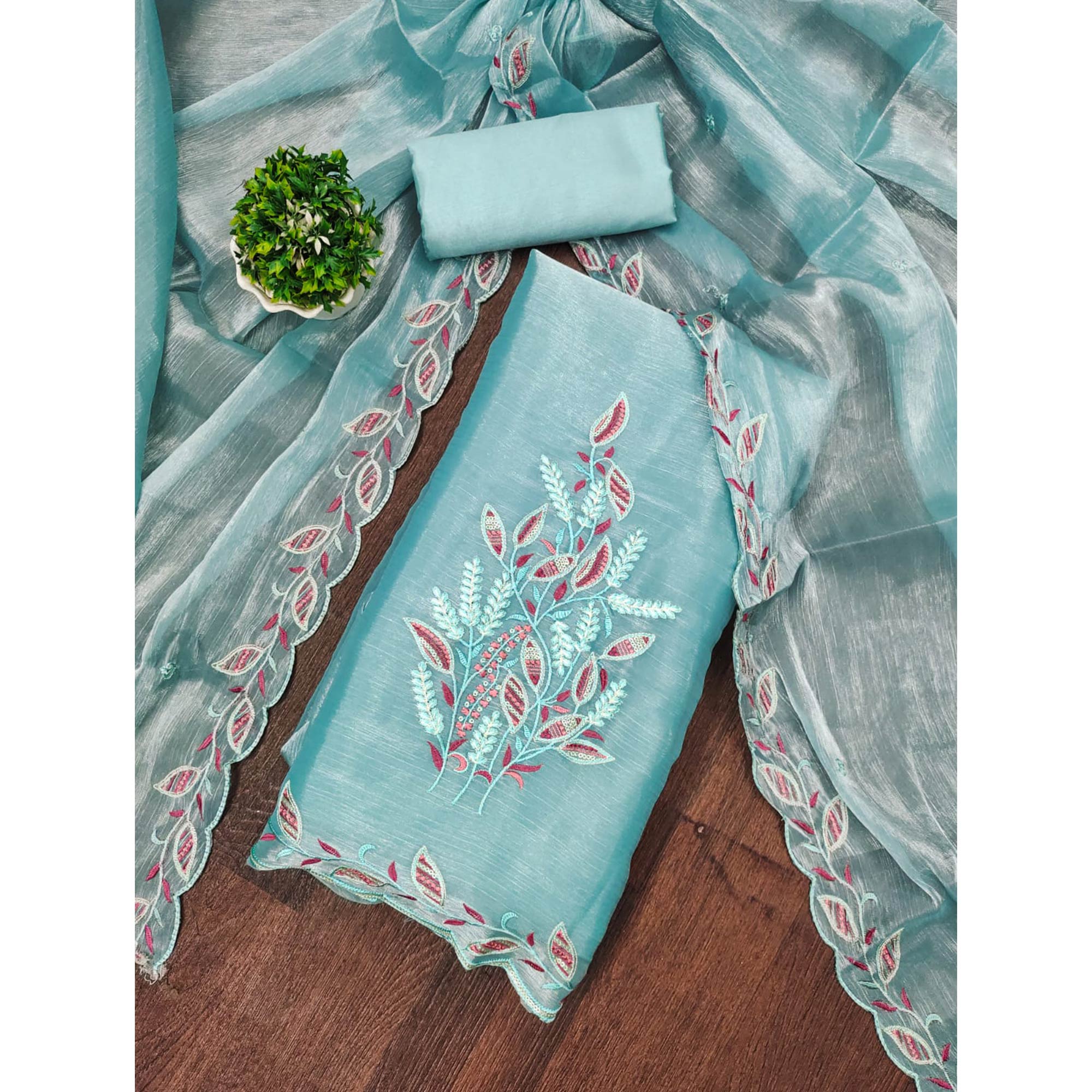 Blue Floral Sequins Embroidered Burberry Zoya Silk Dress Material