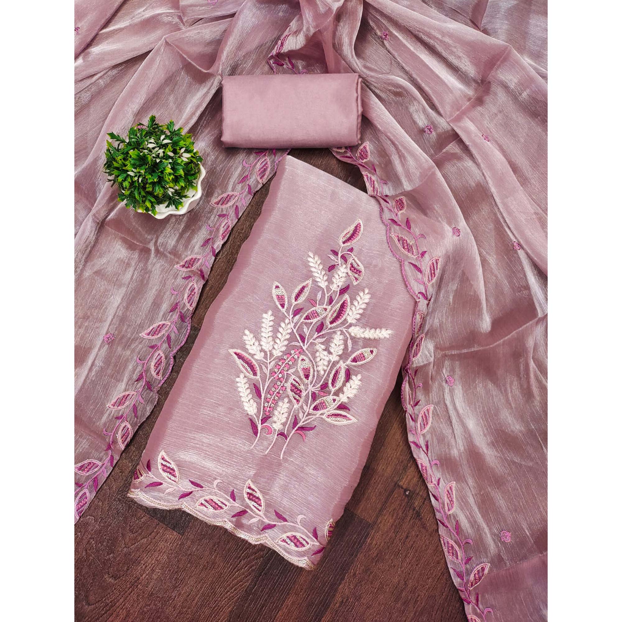 Onion Pink Floral Sequins Embroidered Burberry Zoya Silk Dress Material