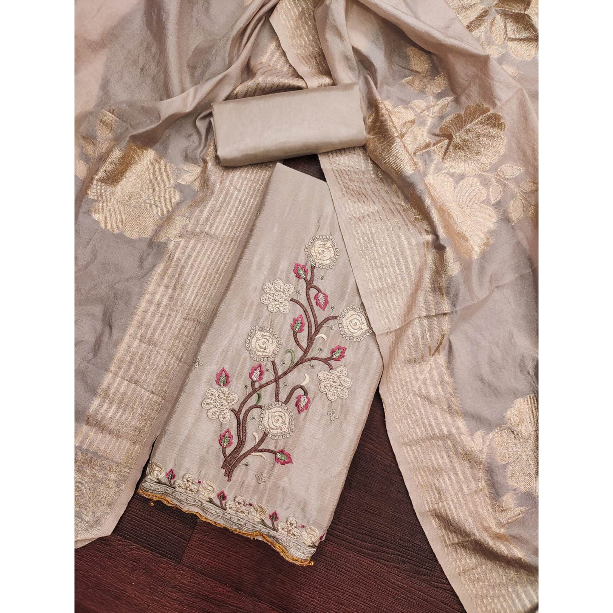 Chikoo Floral Embroidered Chinon Silk Dress Material