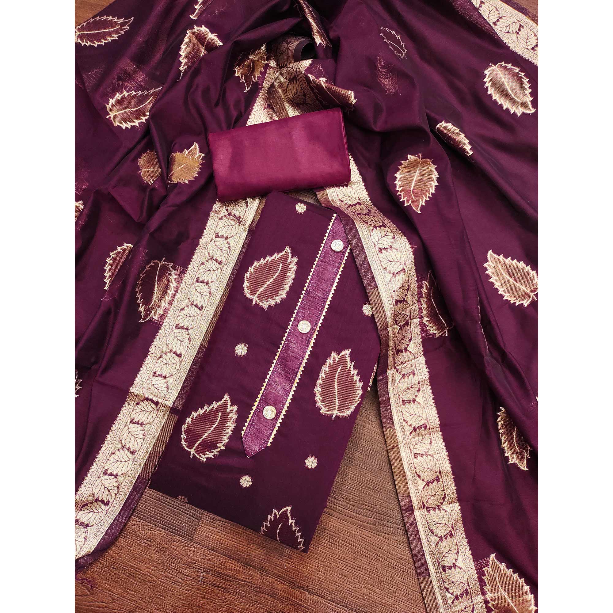 Wine Floral Woven Shimmer Jacquard Dress Material