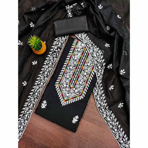 Black Floral Embroidered Modal Chanderi Silk Dress Material