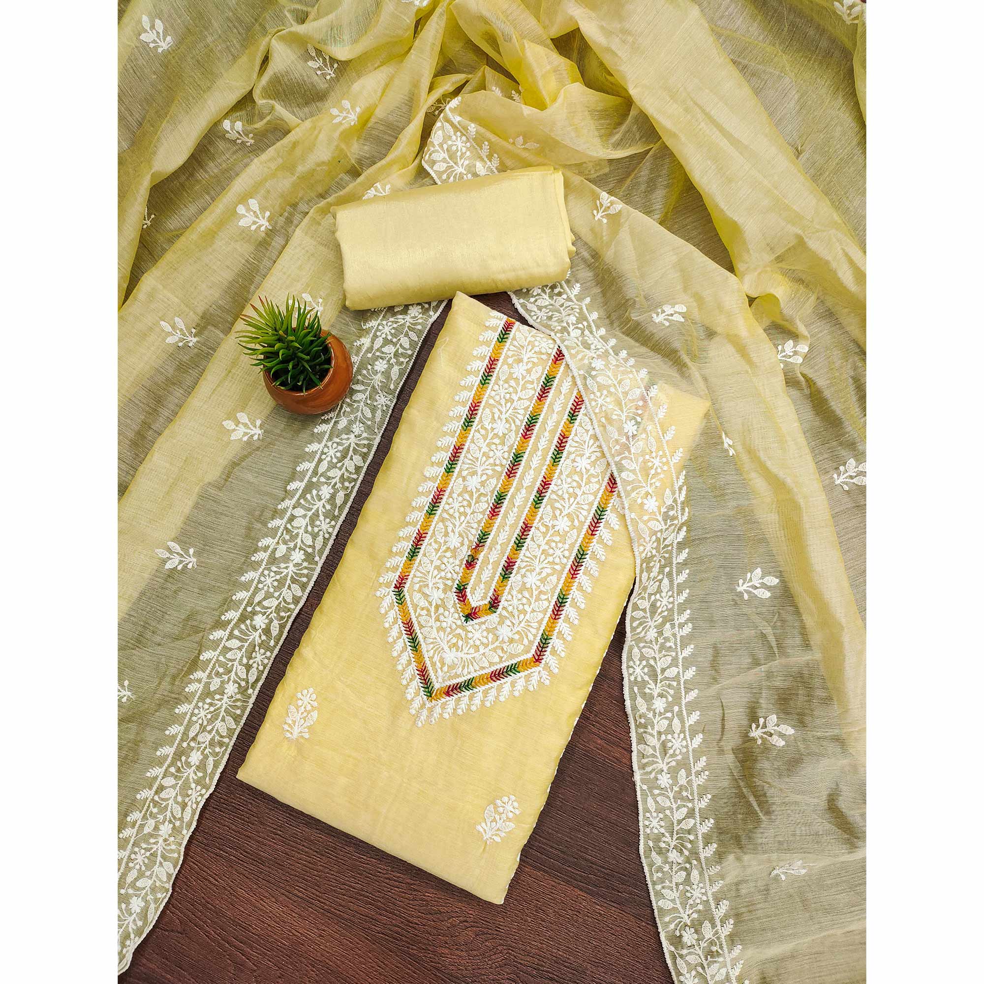 Light Yellow Floral Embroidered Modal Chanderi Silk Dress Material