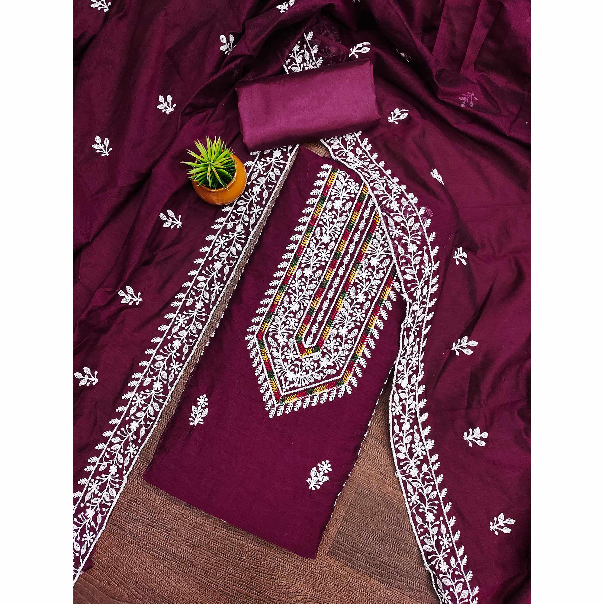 Wine Floral Embroidered Modal Chanderi Silk Dress Material