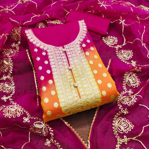 Rani Pink Floral Woven Organza Jacquard Dress Material