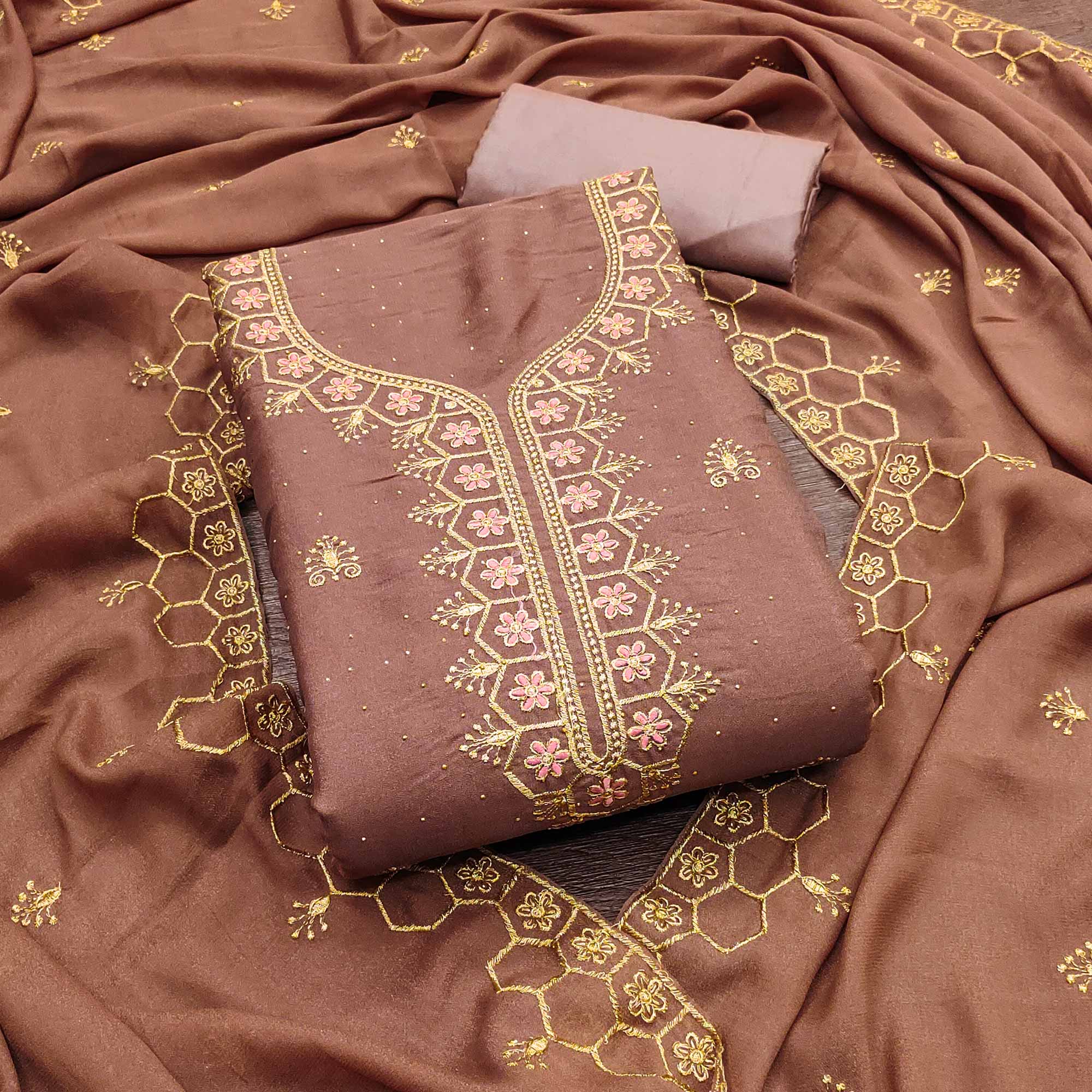 Brown Floral Embroidered Georgette Dress Material