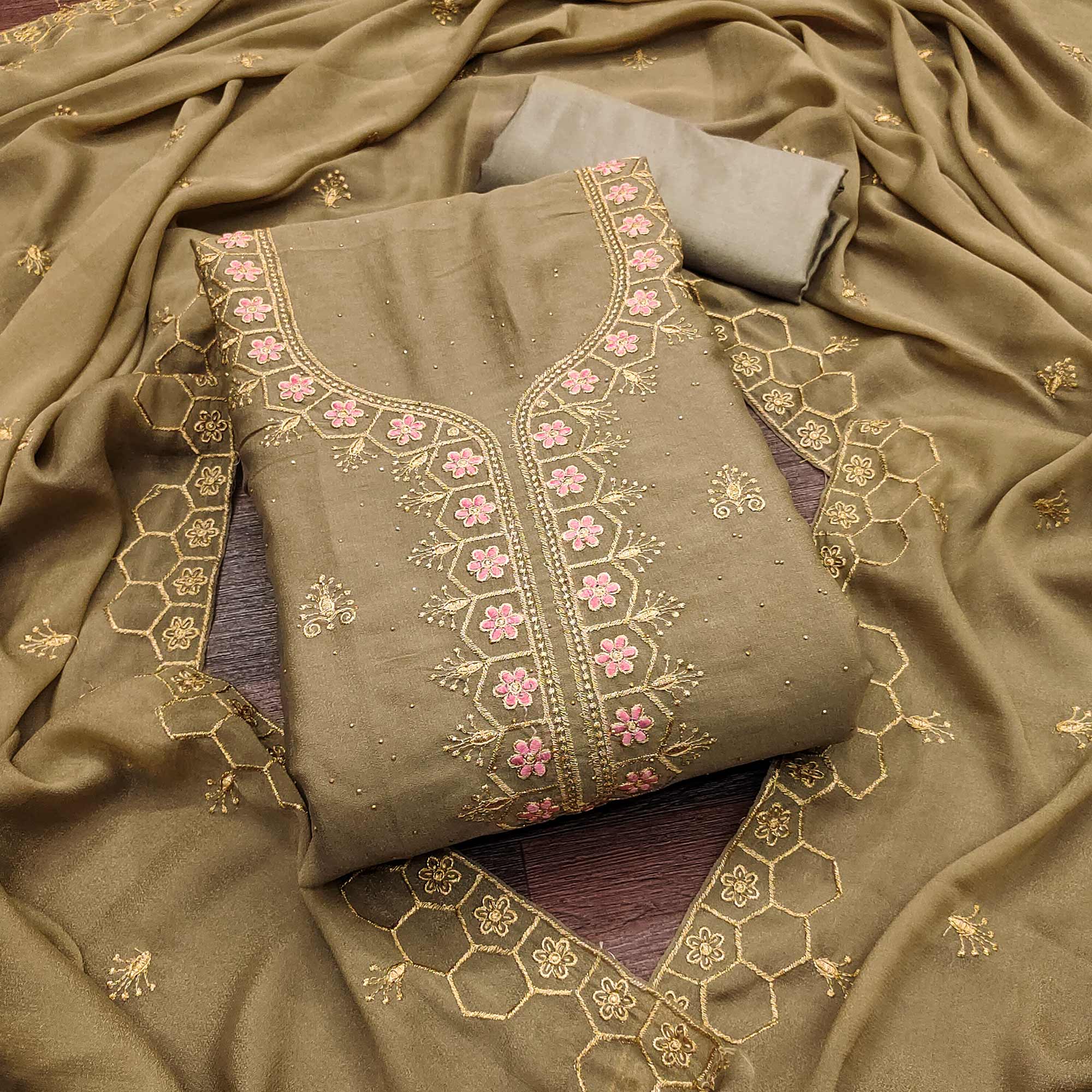 Chikoo Floral Embroidered Georgette Dress Material