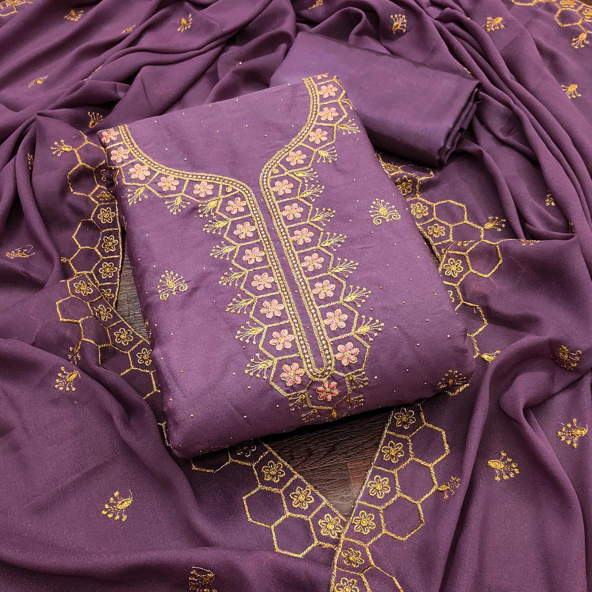 Lavender Floral Embroidered Georgette Dress Material