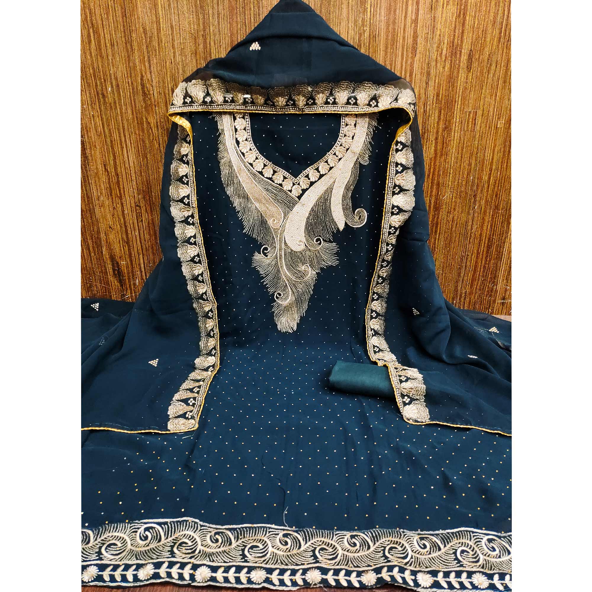 Morpich Blue Embroidered With Swarovski Work Georgette Dress Material