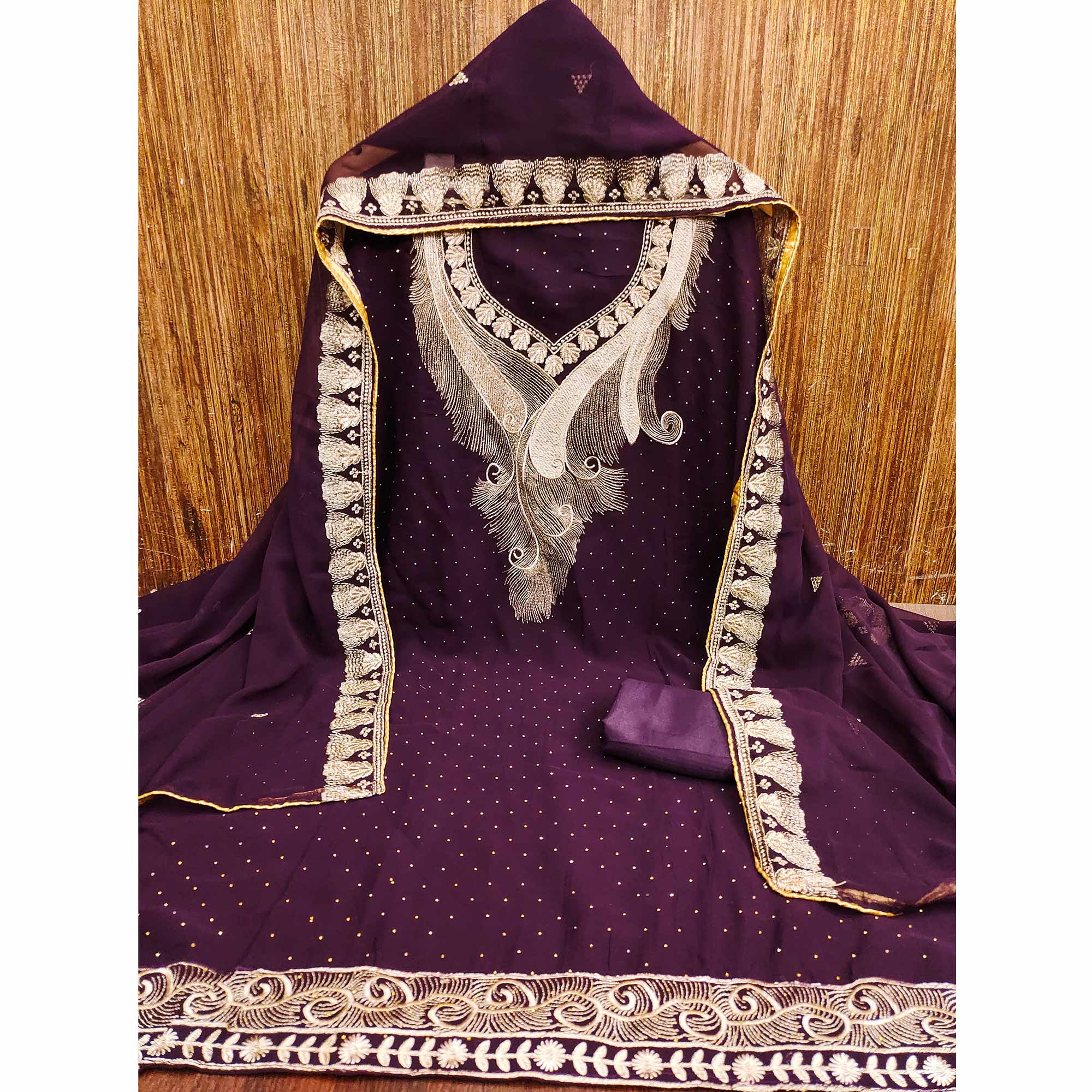 Wine Embroidered With Swarovski Work Georgette Dress Material