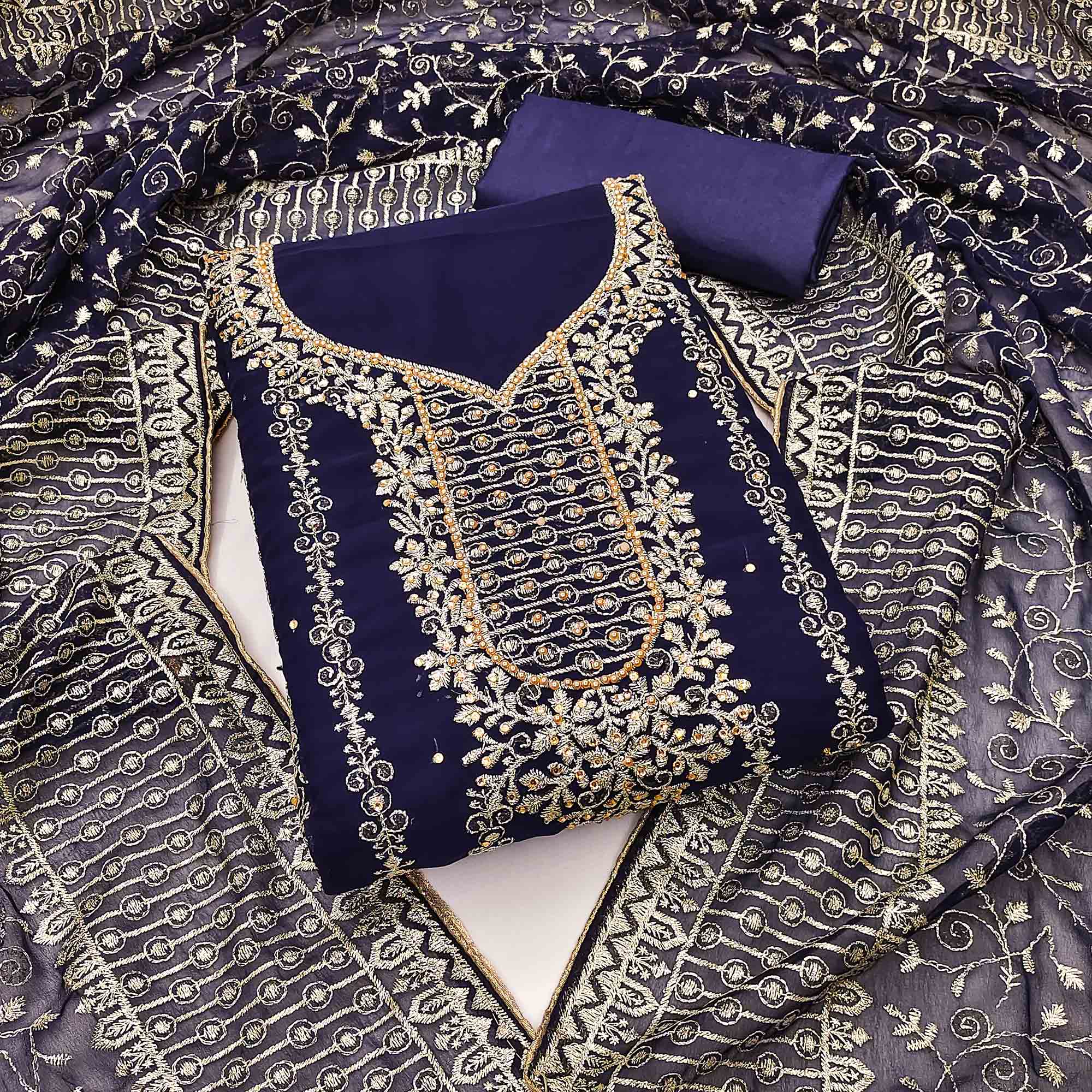 Navy Blue Floral Embroidered Georgette Dress Material