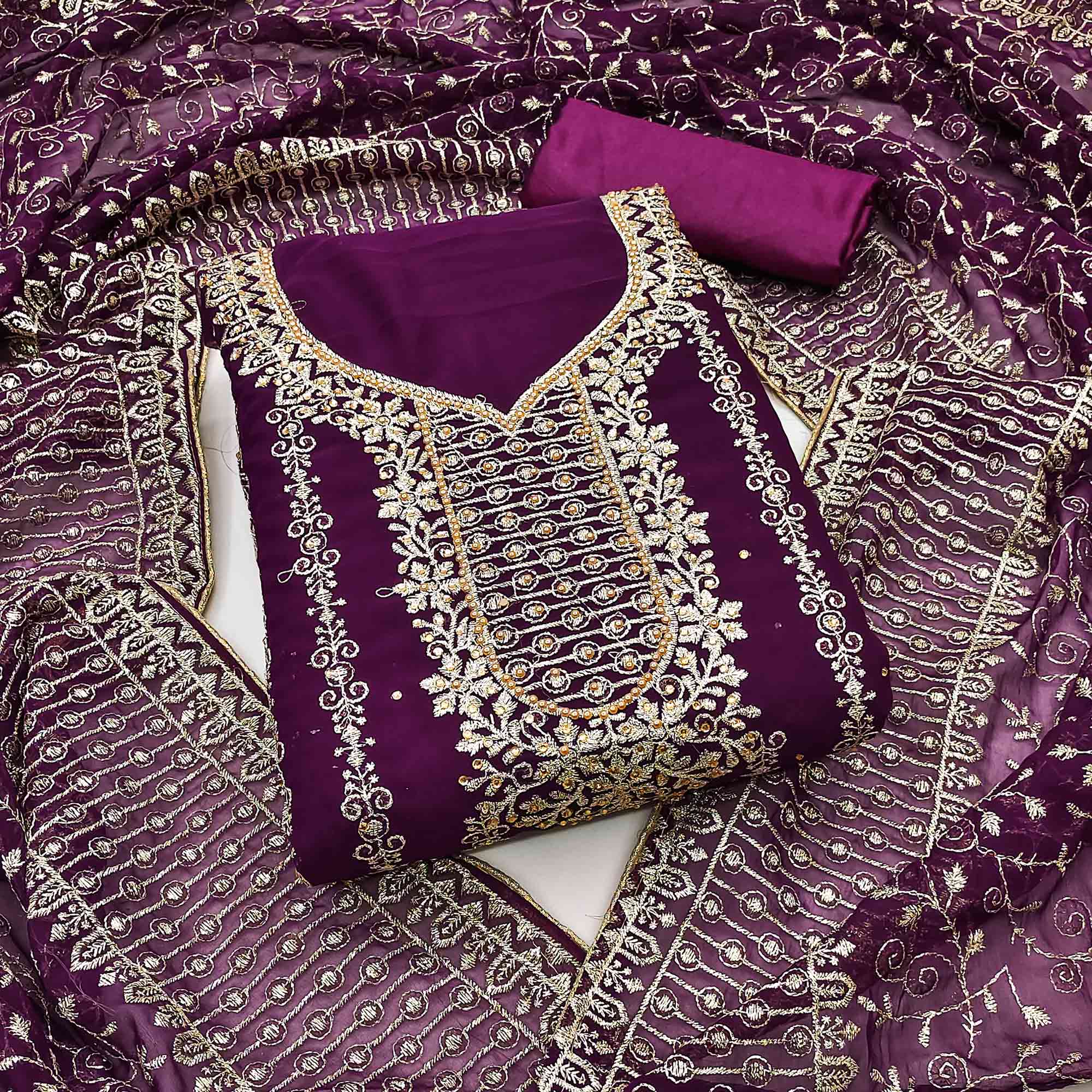 Wine Floral Embroidered Georgette Dress Material