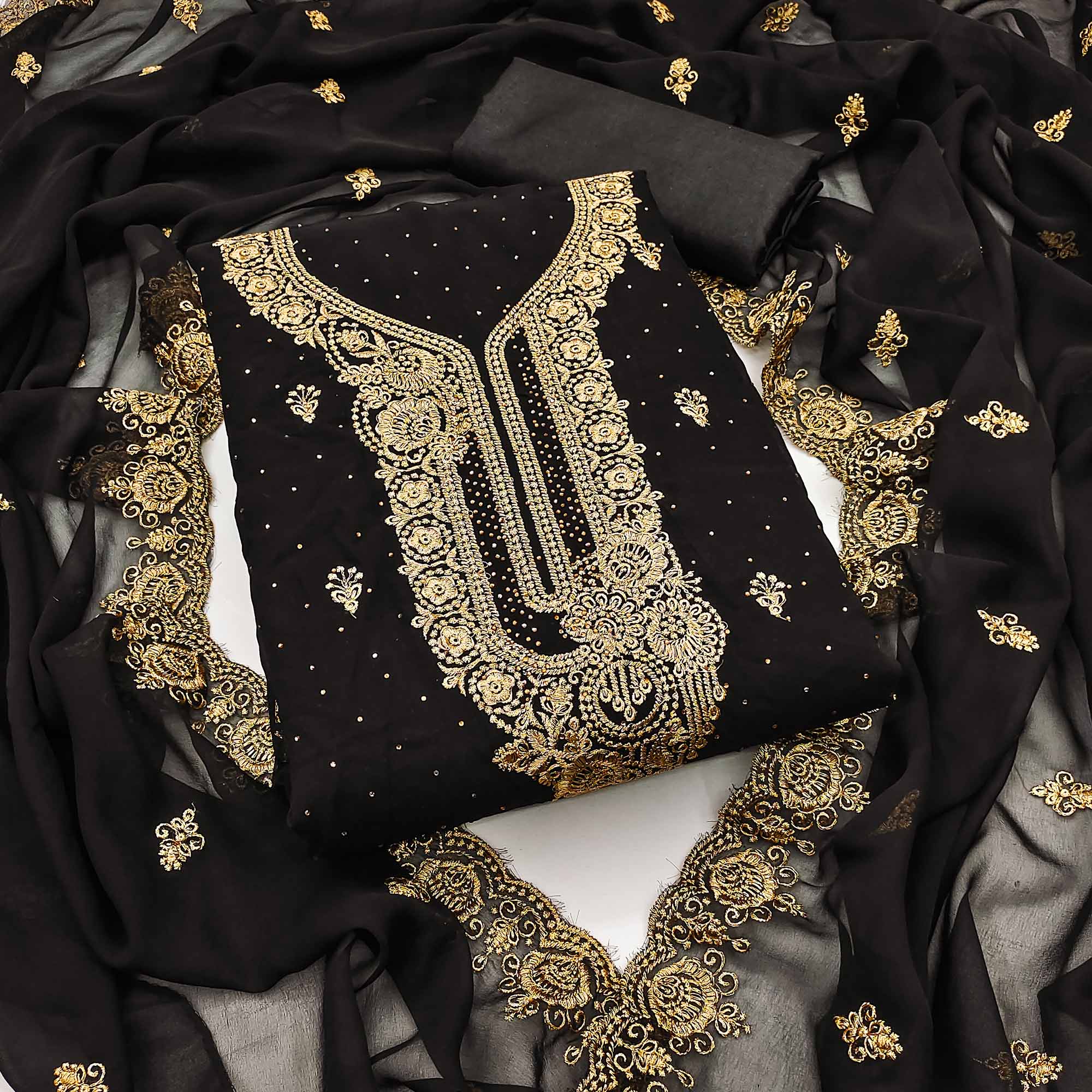 Black Embroidered With Swarovski Work Georgette Dress Material
