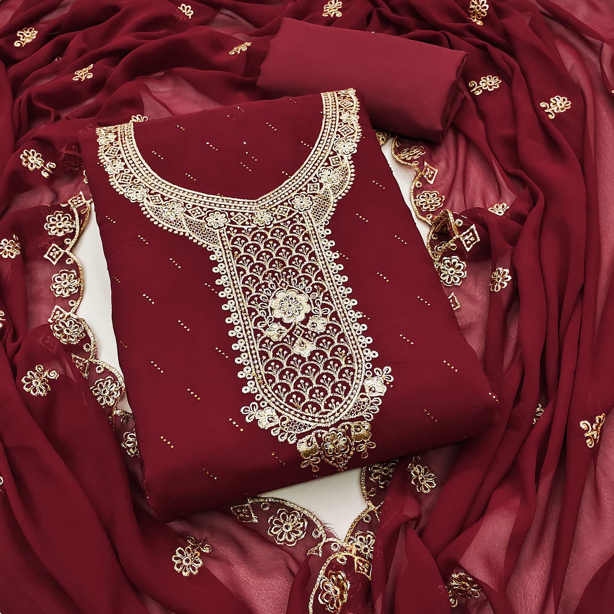 Maroon Floral Embroidered With Swarovski Work Georgette Dress Material