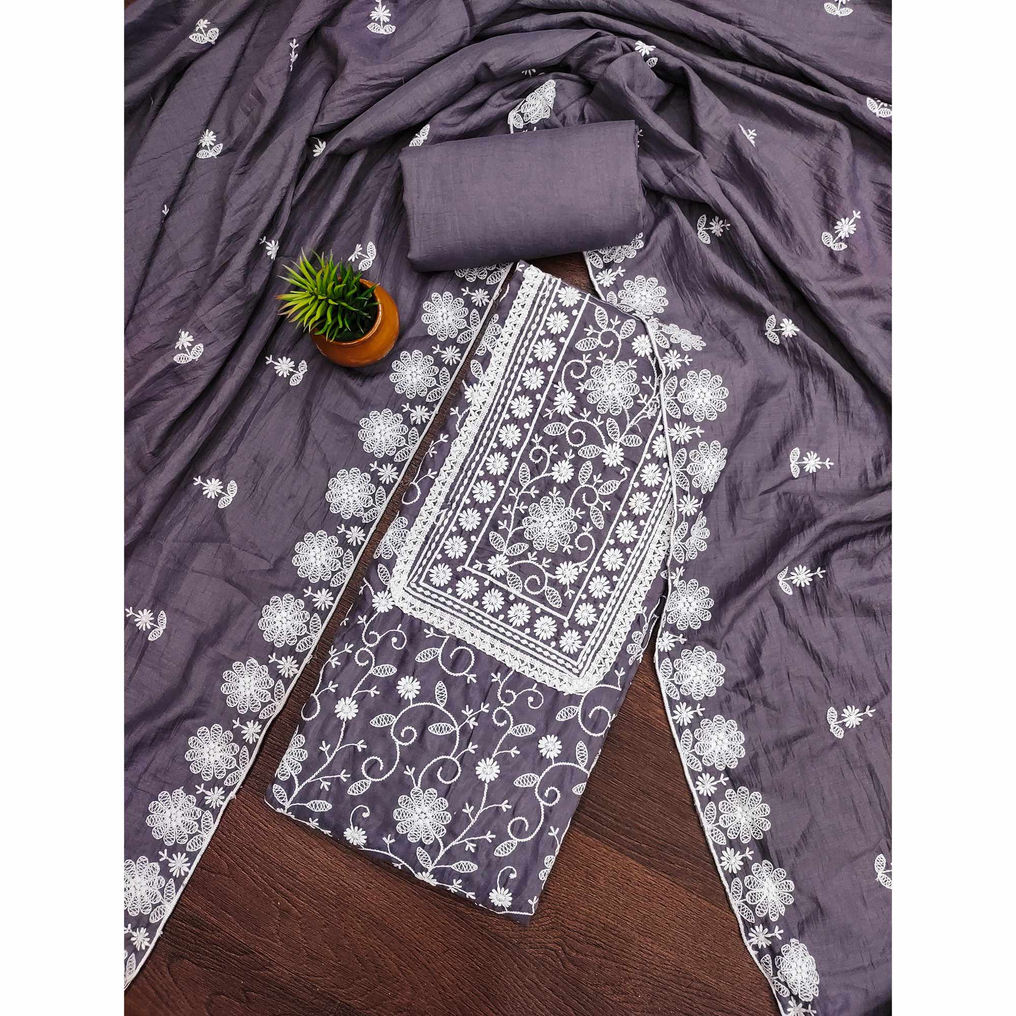 Dark Grey Floral Embroidered Art Silk Dress Material