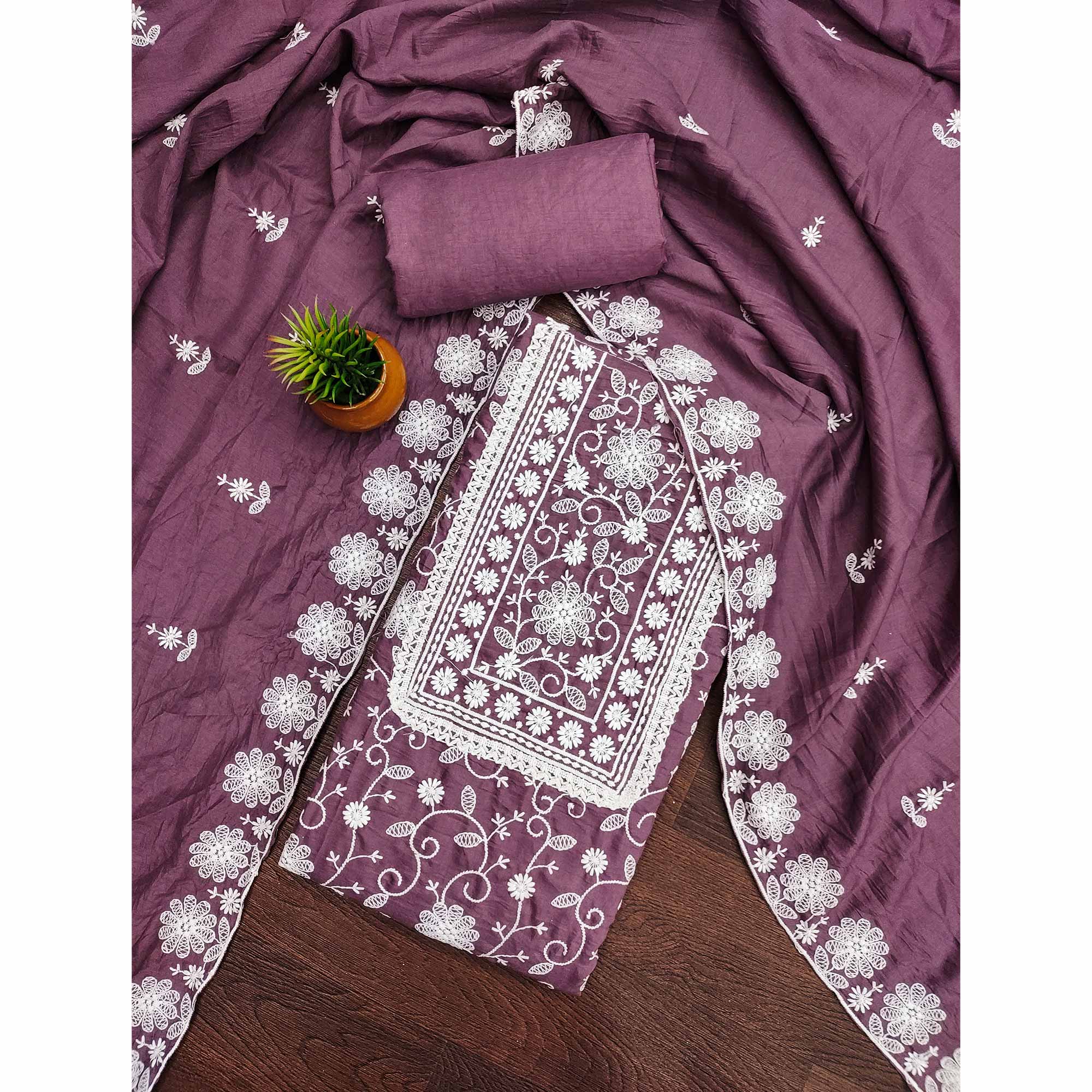 Dark Mauve Floral Embroidered Art Silk Dress Material