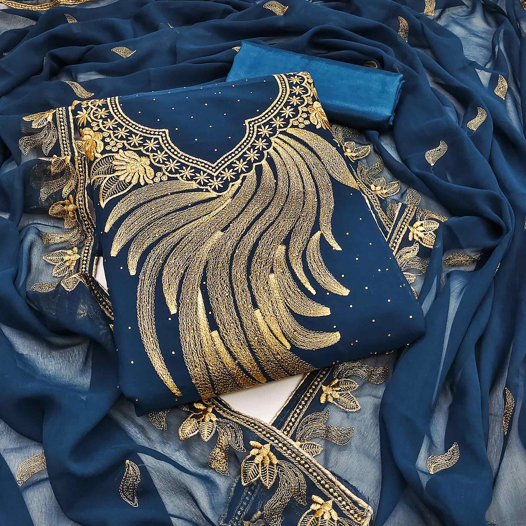 A Mesmerizing Creation Morpich Blue Floral Embroidery With Stone Work Georgette Dress Material