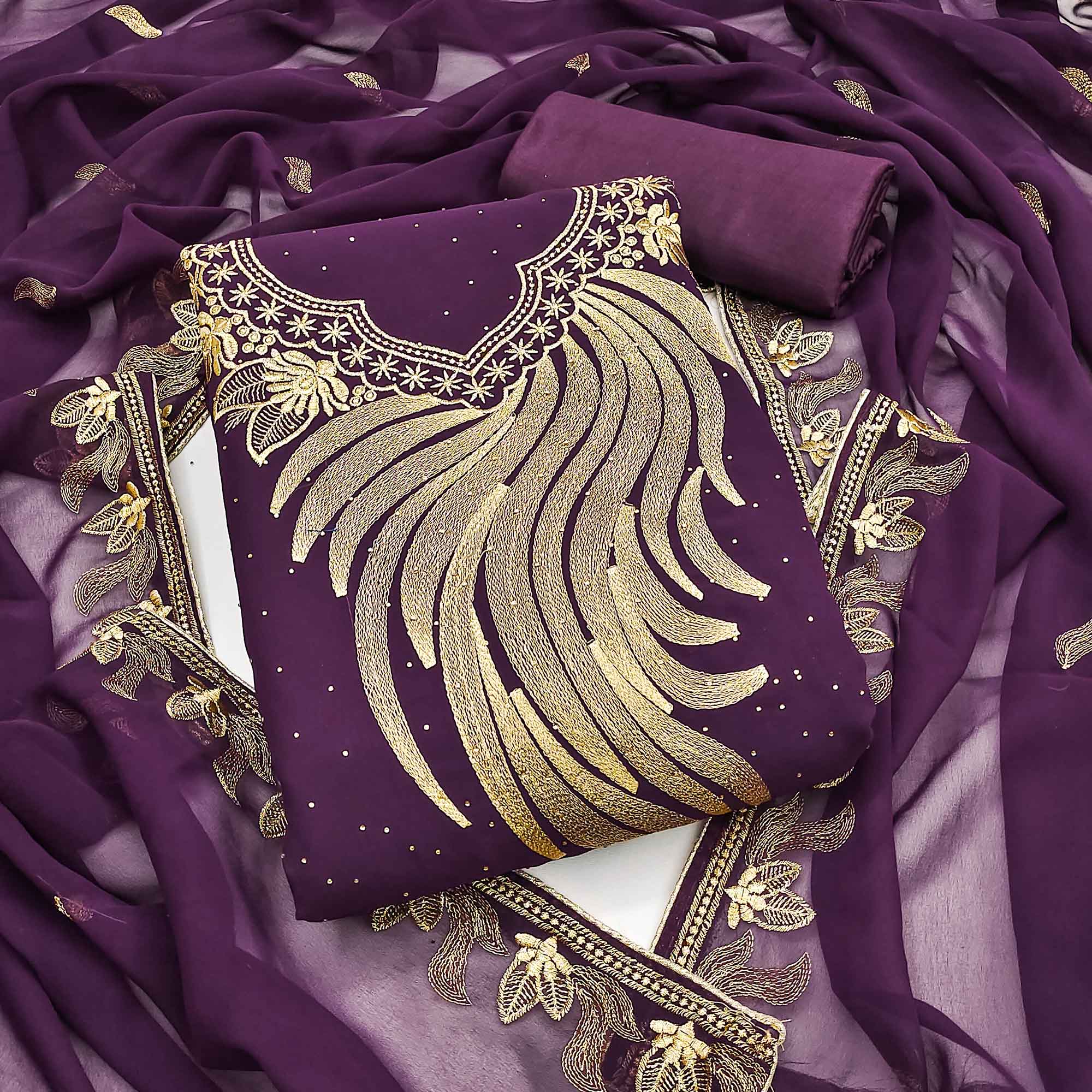 A Mesmerizing Creation Wine Floral Embroidery With Stone Work Georgette Dress Material