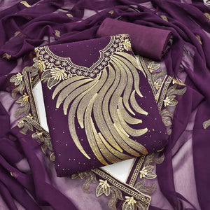 A Mesmerizing Creation Wine Floral Embroidery With Stone Work Georgette Dress Material