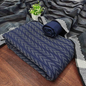 Redefine Elegance With This Navy Blue Chevron Woven Pattern Cotton Blend Dress Material