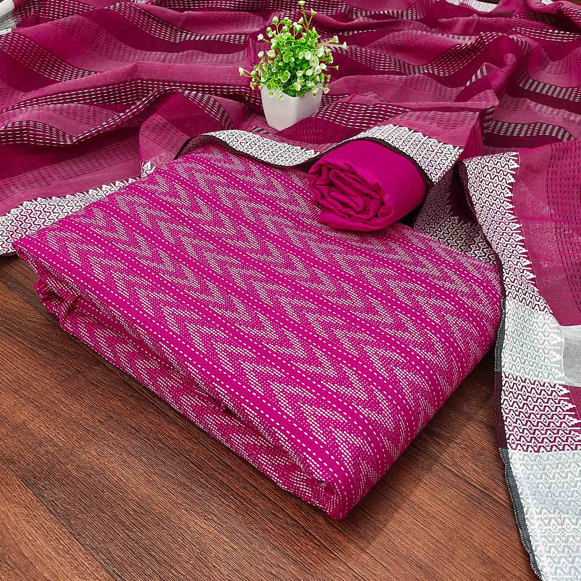 Redefine Elegance With This Pink Chevron Woven Pattern Cotton Blend Dress Material