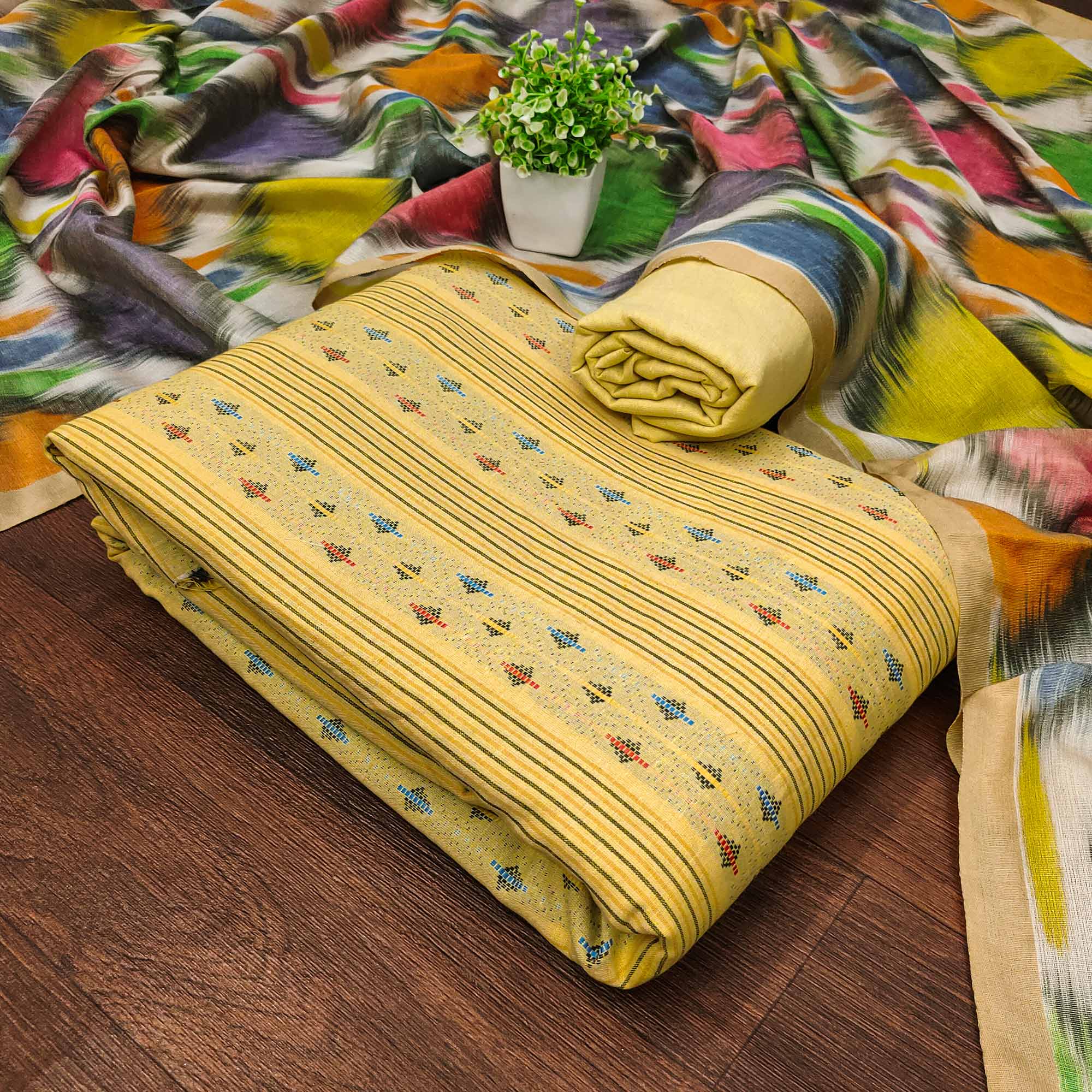 Unleash Your Style With This Yellow Woven Cotton Blend Dress Material