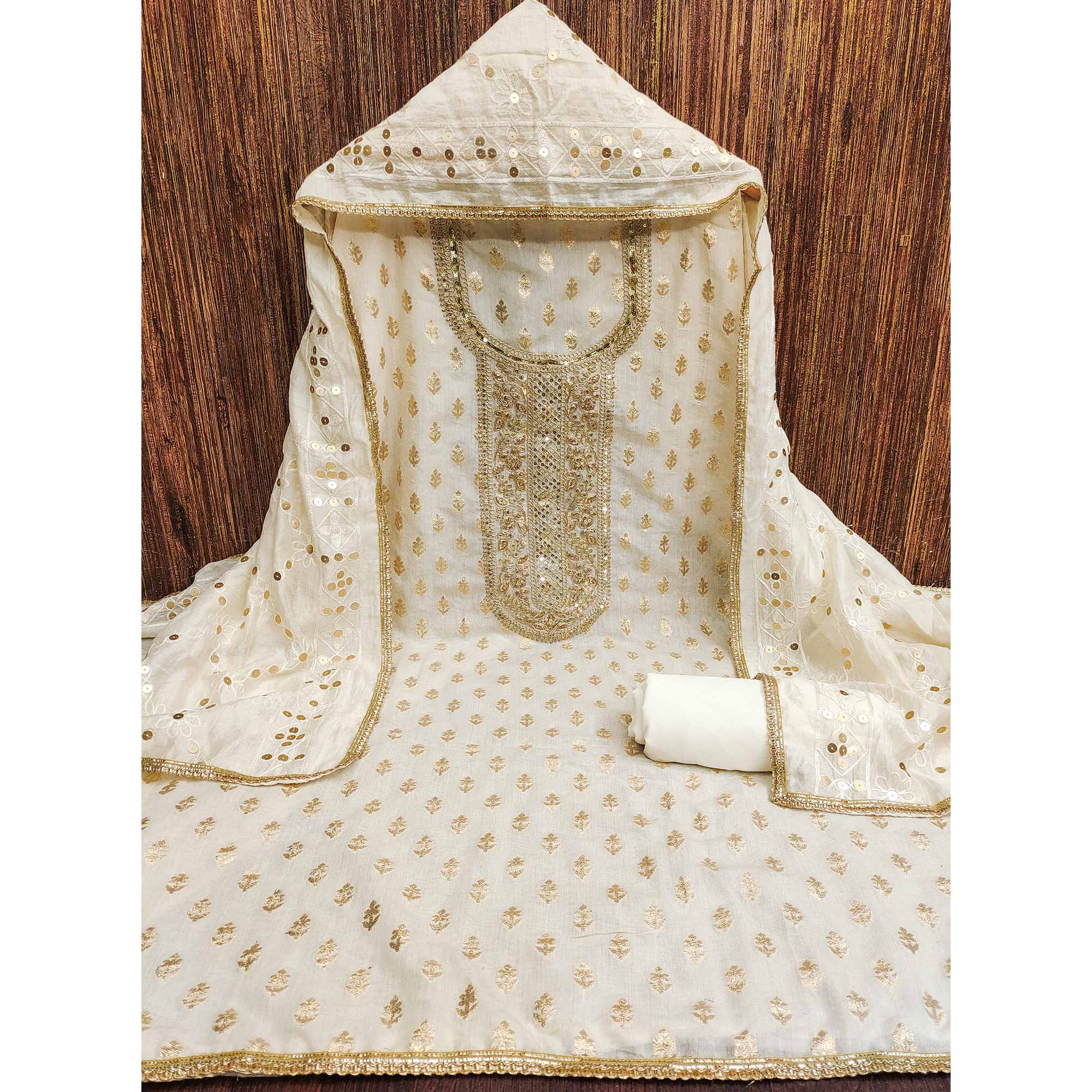Experience Sheer Luxury Cream Floral Cording Zari Embroidered Chanderi Dress Material