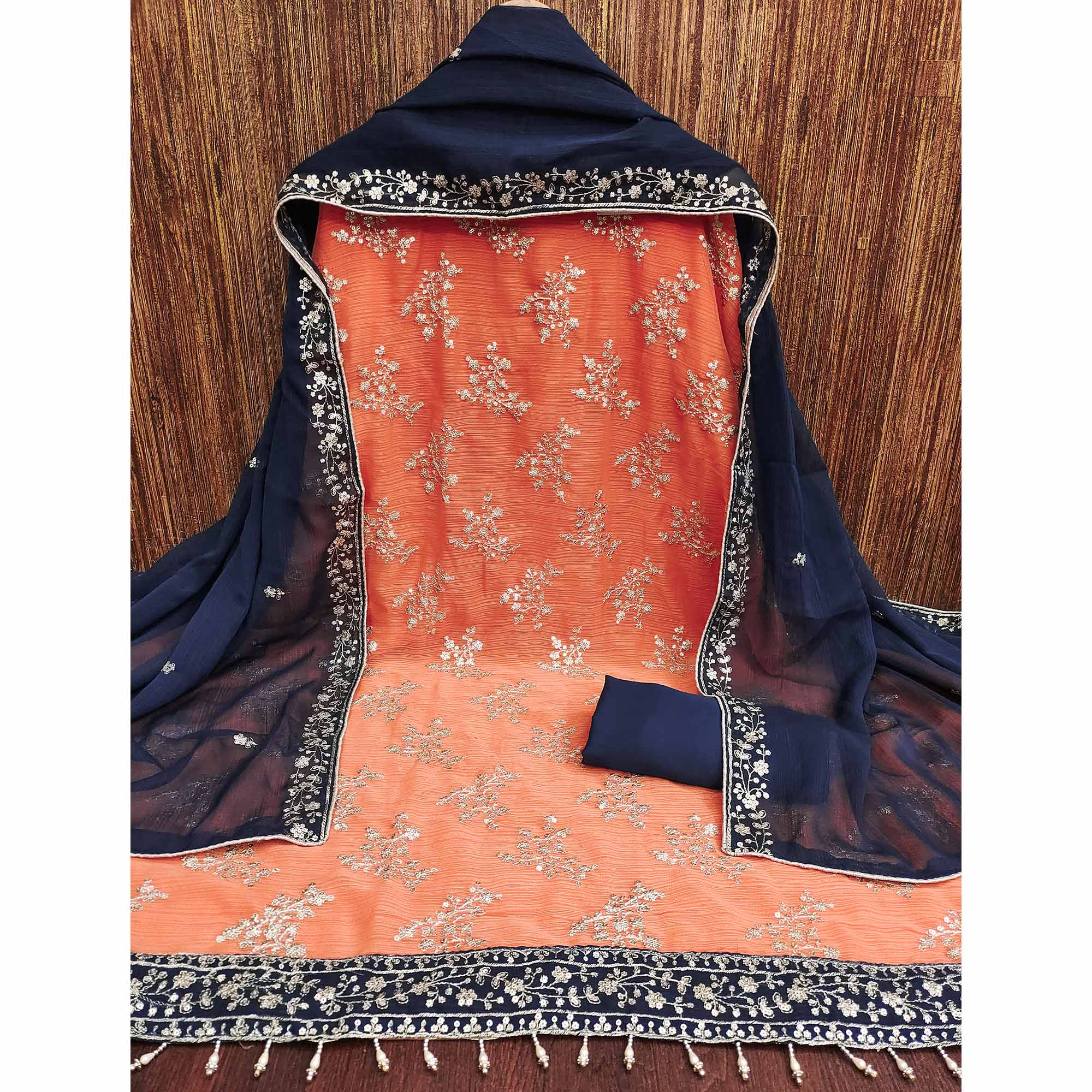 The Perfect Blend Of Grace Orange Floral Sequins Embroidered Zomoto Art Silk Dress Material