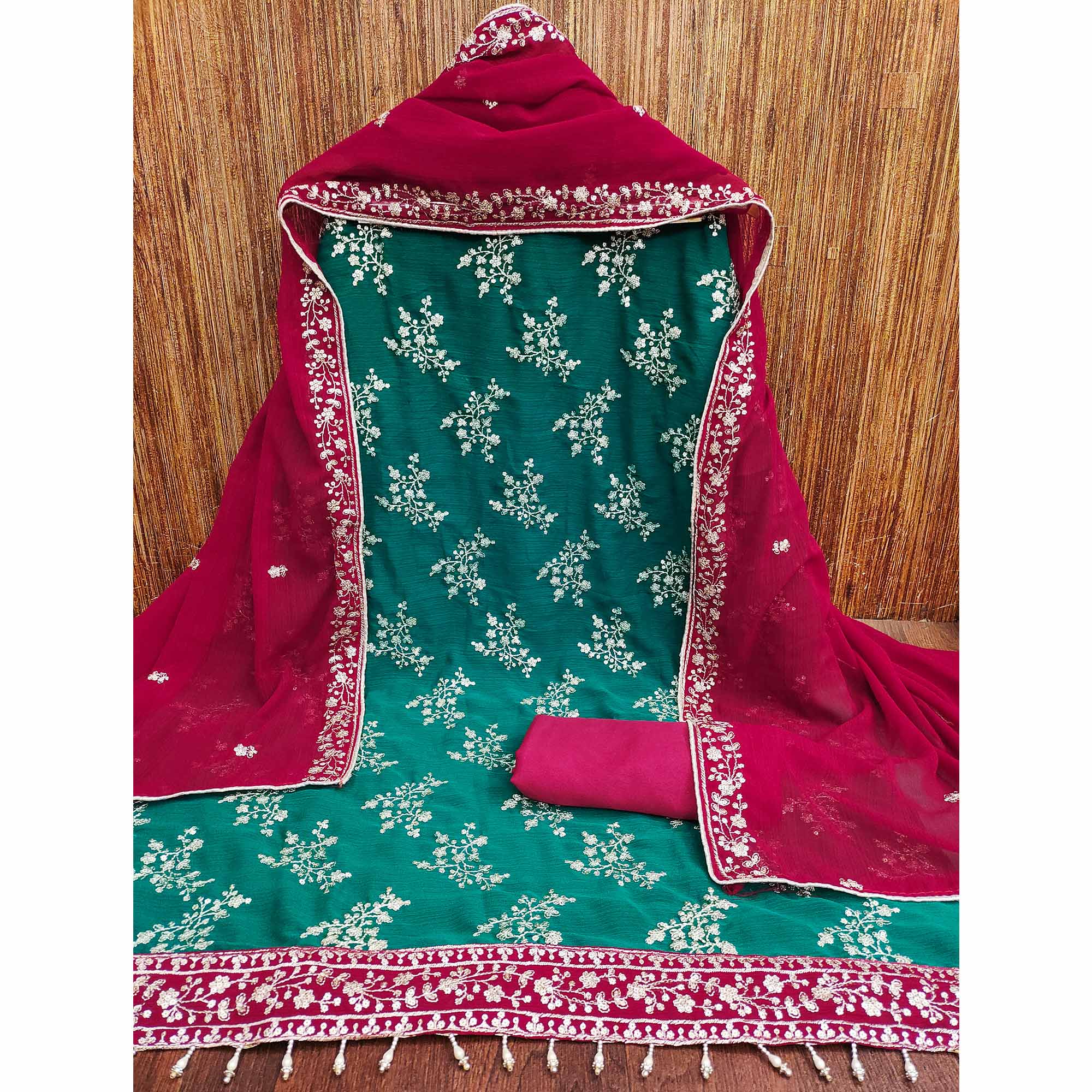 Unleash Your Style With This Rama Green Floral Sequins Embroidered Zomoto Art Silk Dress Material