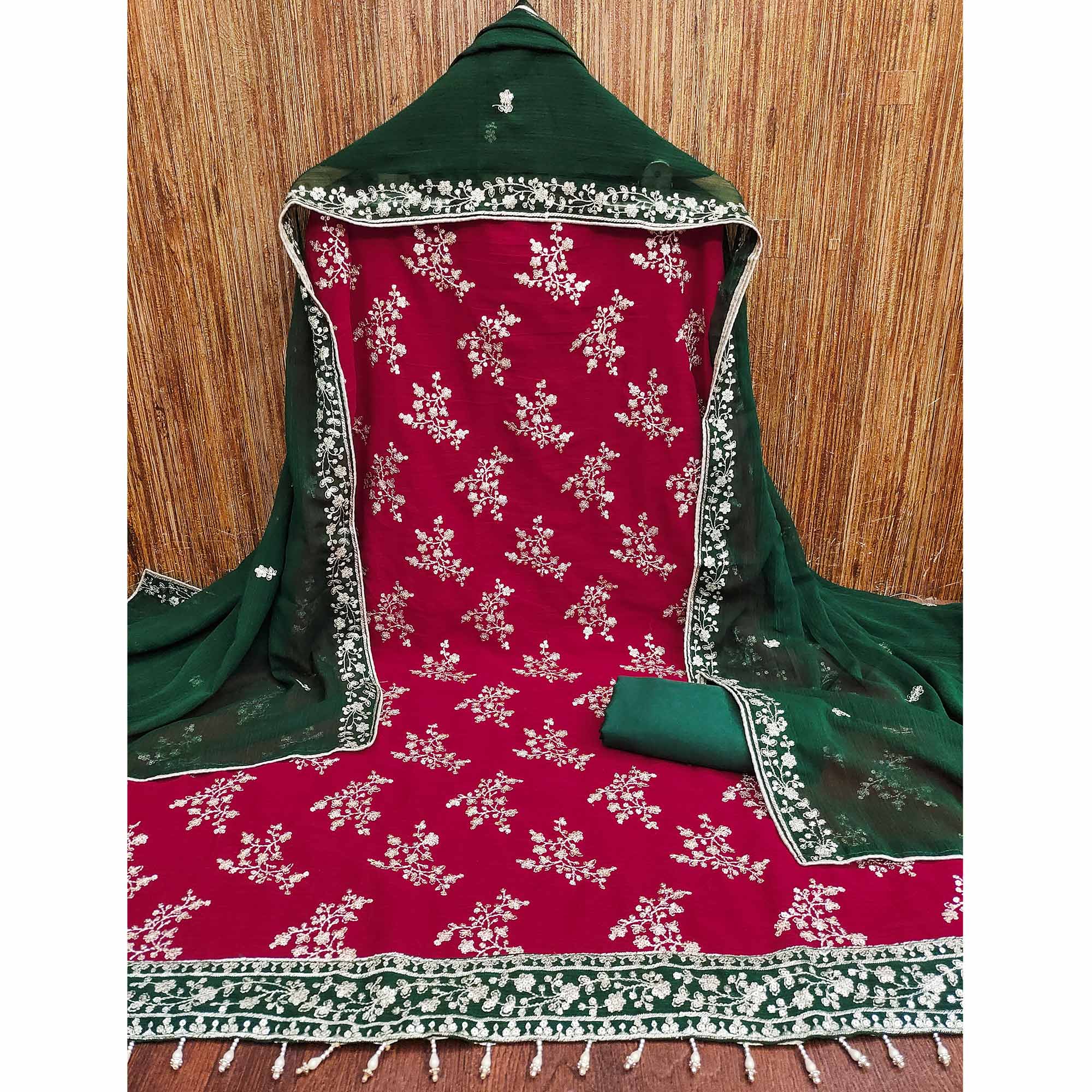 The Perfect Blend Of Grace Red Floral Sequins Embroidered Zomoto Art Silk Dress Material