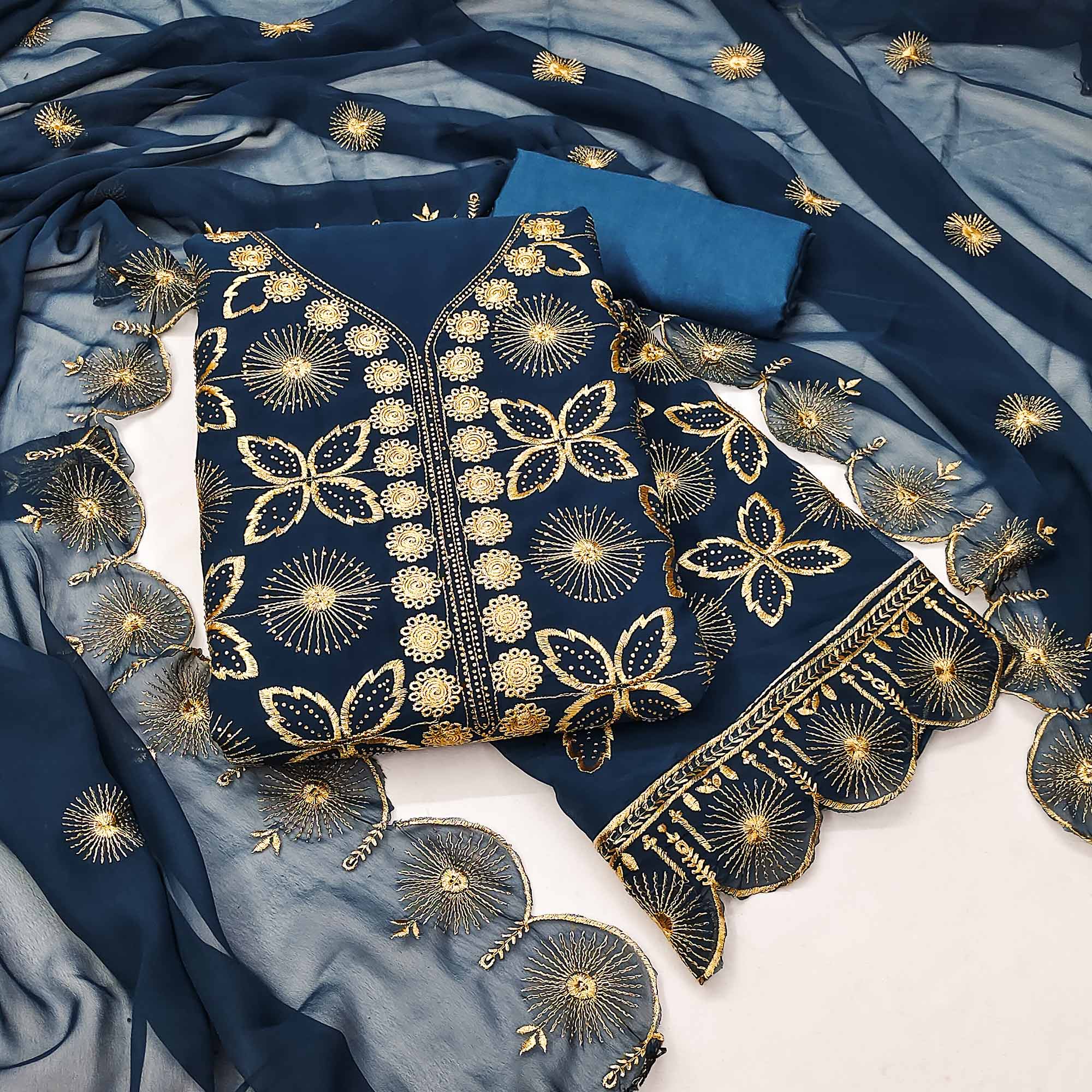 Blue Georgette Dress Material Featuring Delicate Floral Zari Embroidery