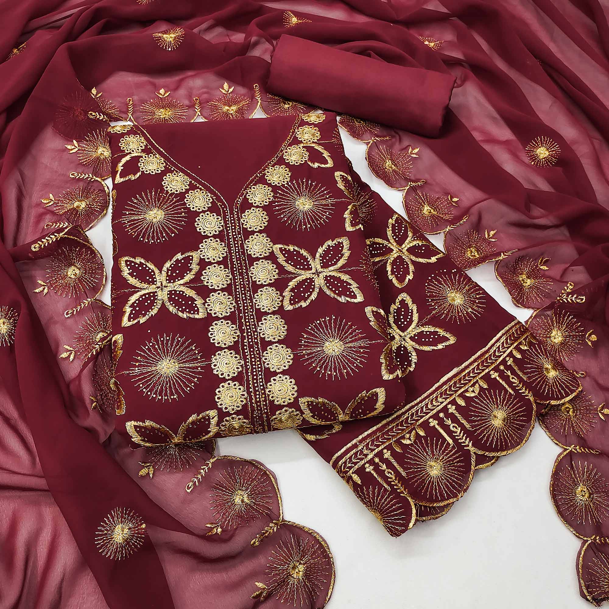 Maroon Georgette Dress Material Featuring Delicate Floral Zari Embroidery