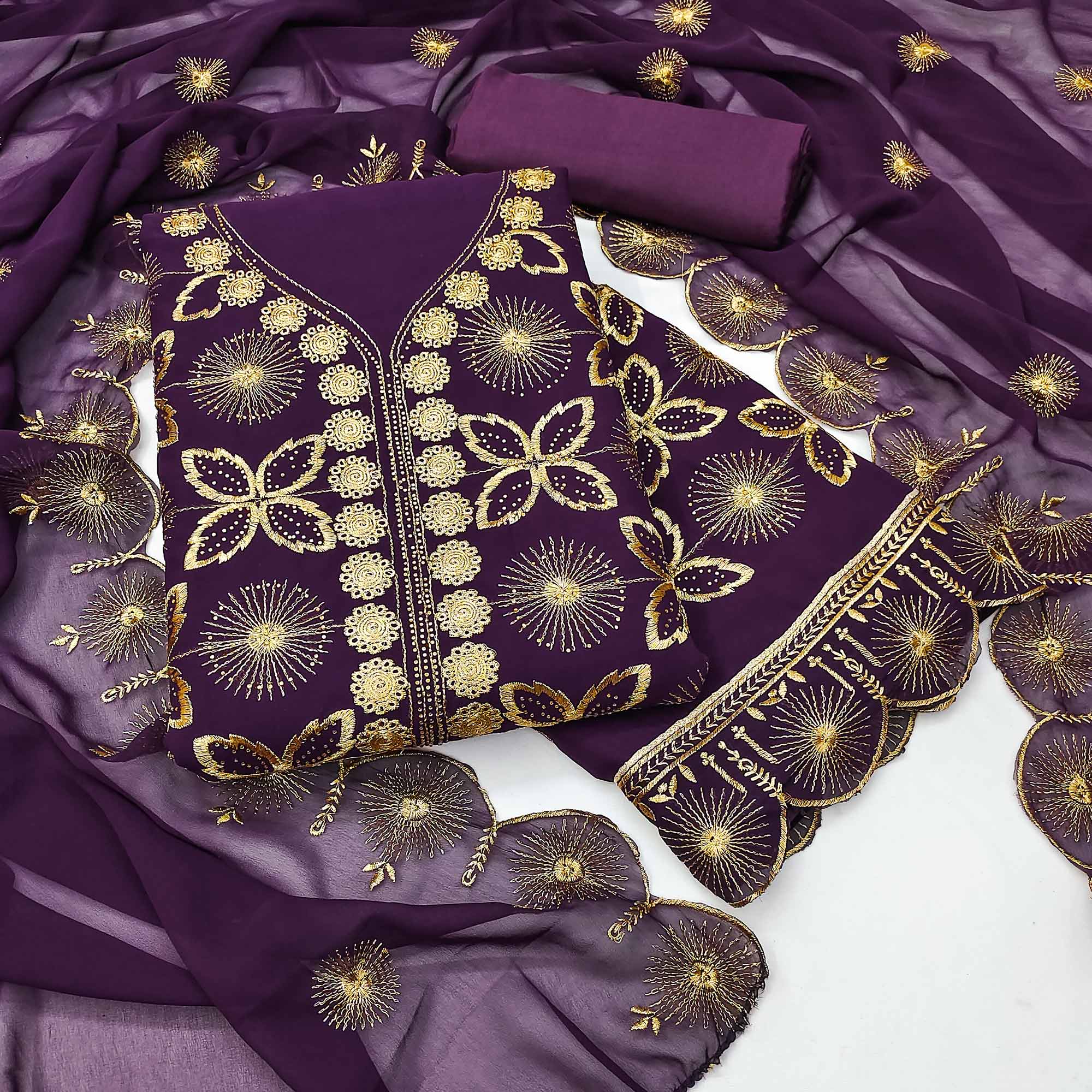 Wine Georgette Dress Material Featuring Delicate Floral Zari Embroidery