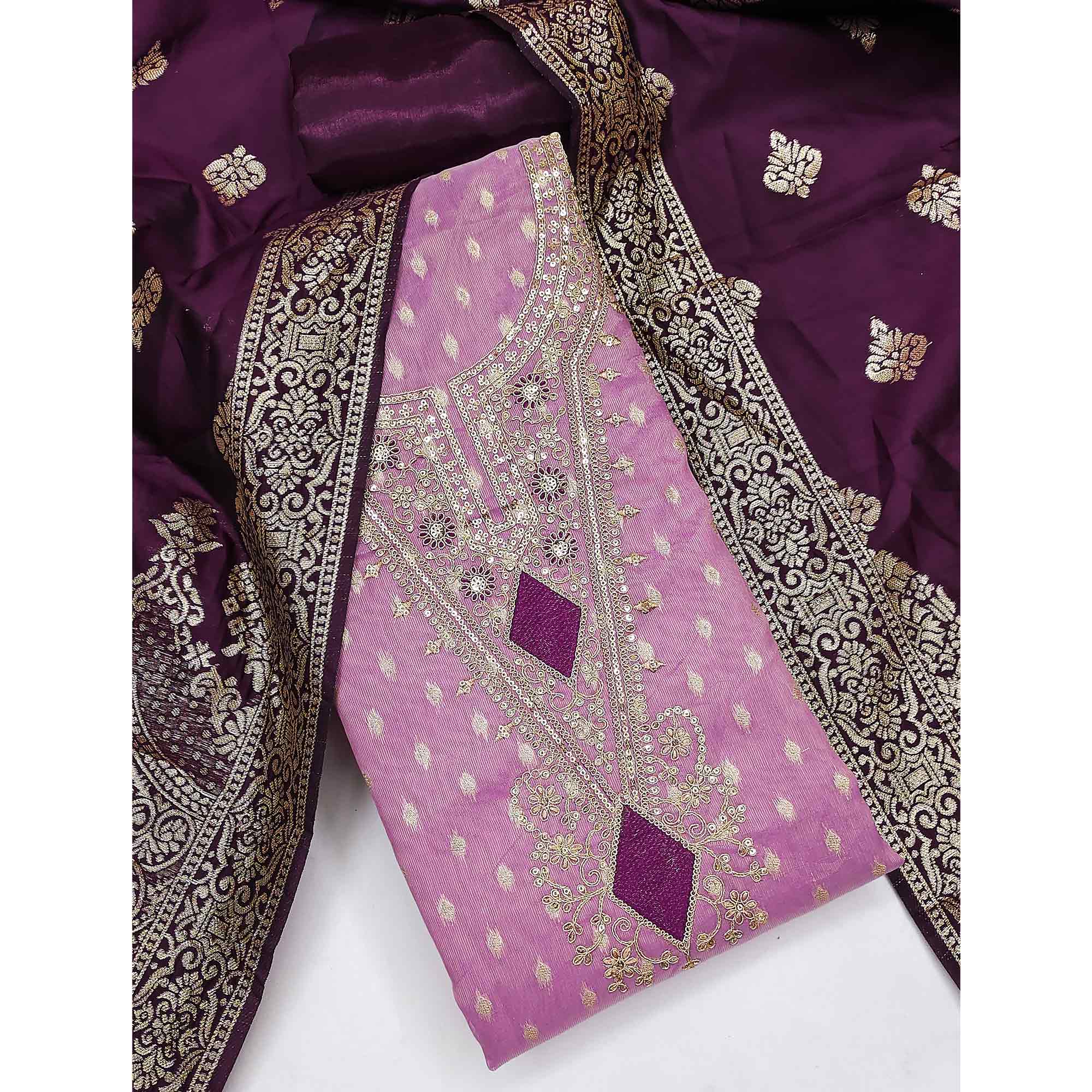 Purple Woven Banarasi Silk Dress Material With Intricate Cording & Sequin Embellishments