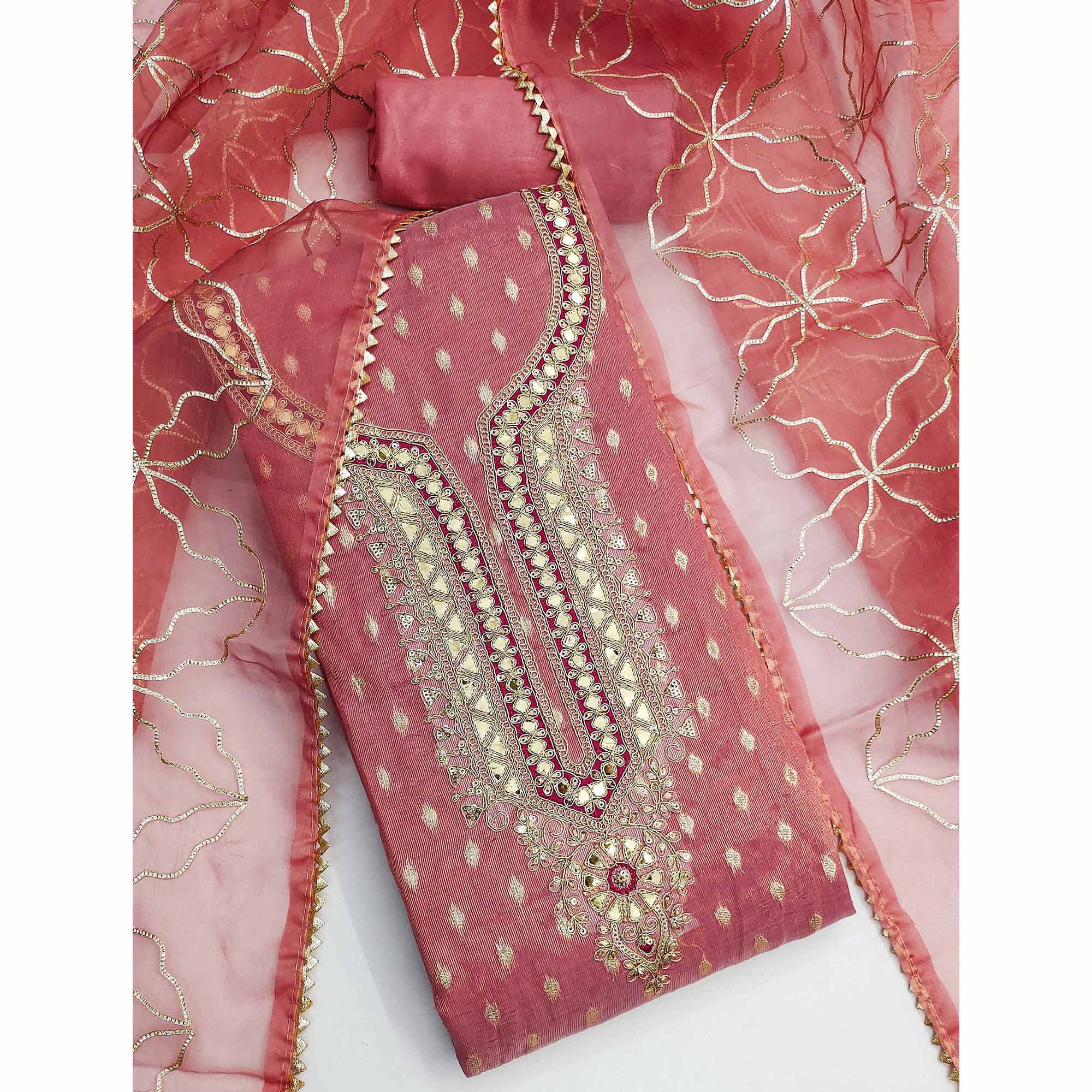 Gajari Pink Woven Shimmer Silk Dress Material Adorned With Sequins & Gota Patti Work